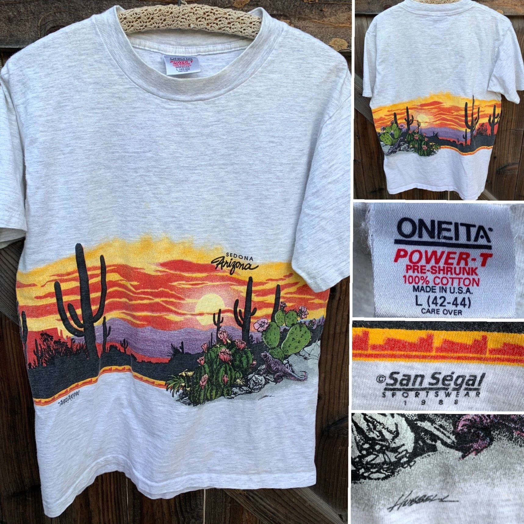 Vintage VINTAGE Oneita T-Shirt Desert Theme Sedona Arizona Gray Cotton Short Sleeve L Men 1980s Graphic Print San Segal 1989 Regular Stitch Size US L / EU 52-54 / 3 - 7 Thumbnail