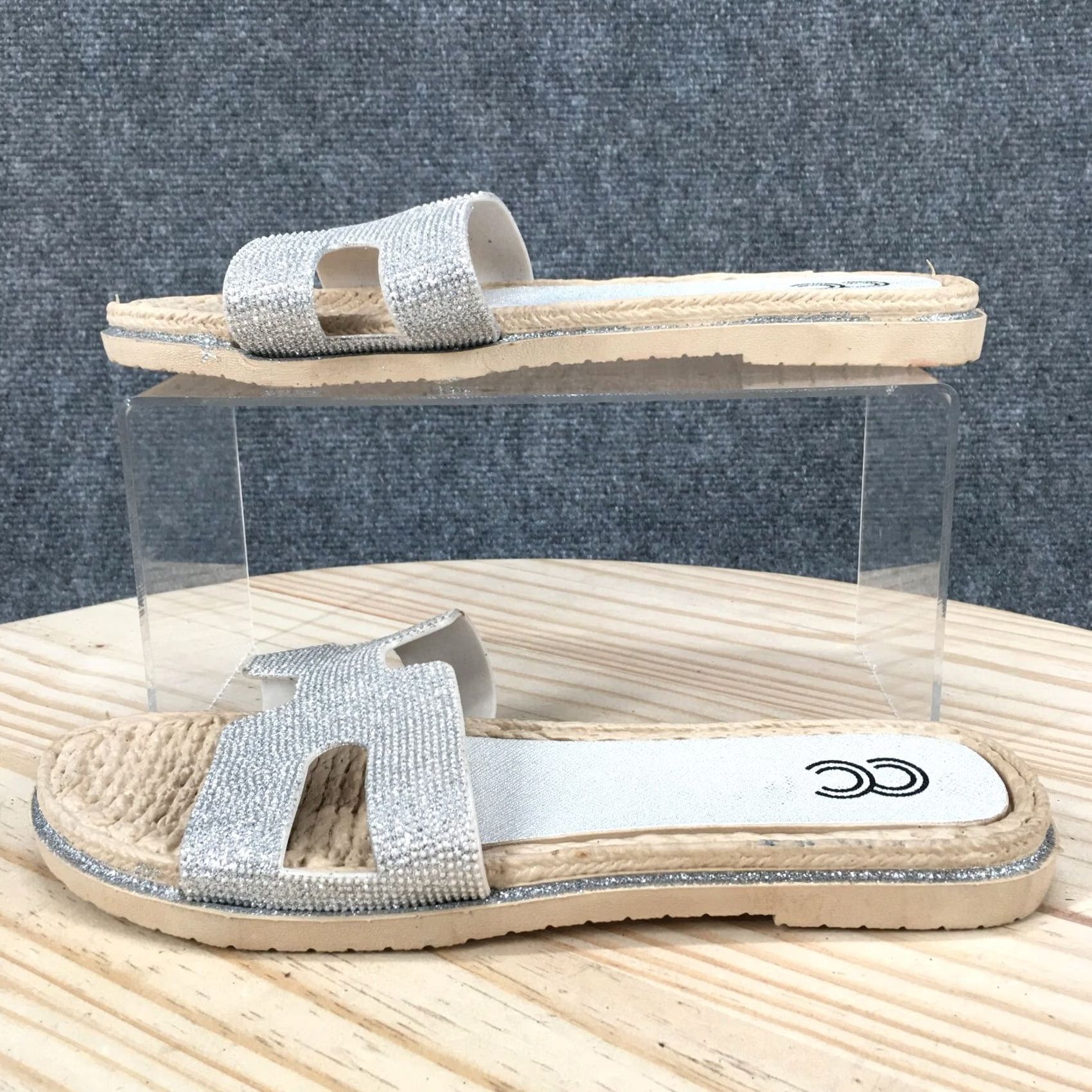 Vintage Cindy Claire Sandals Womens 40 Slide Flats Slip On CC Logo Silver Glitter Casual Size US 9 / IT 39 - 2 Thumbnail
