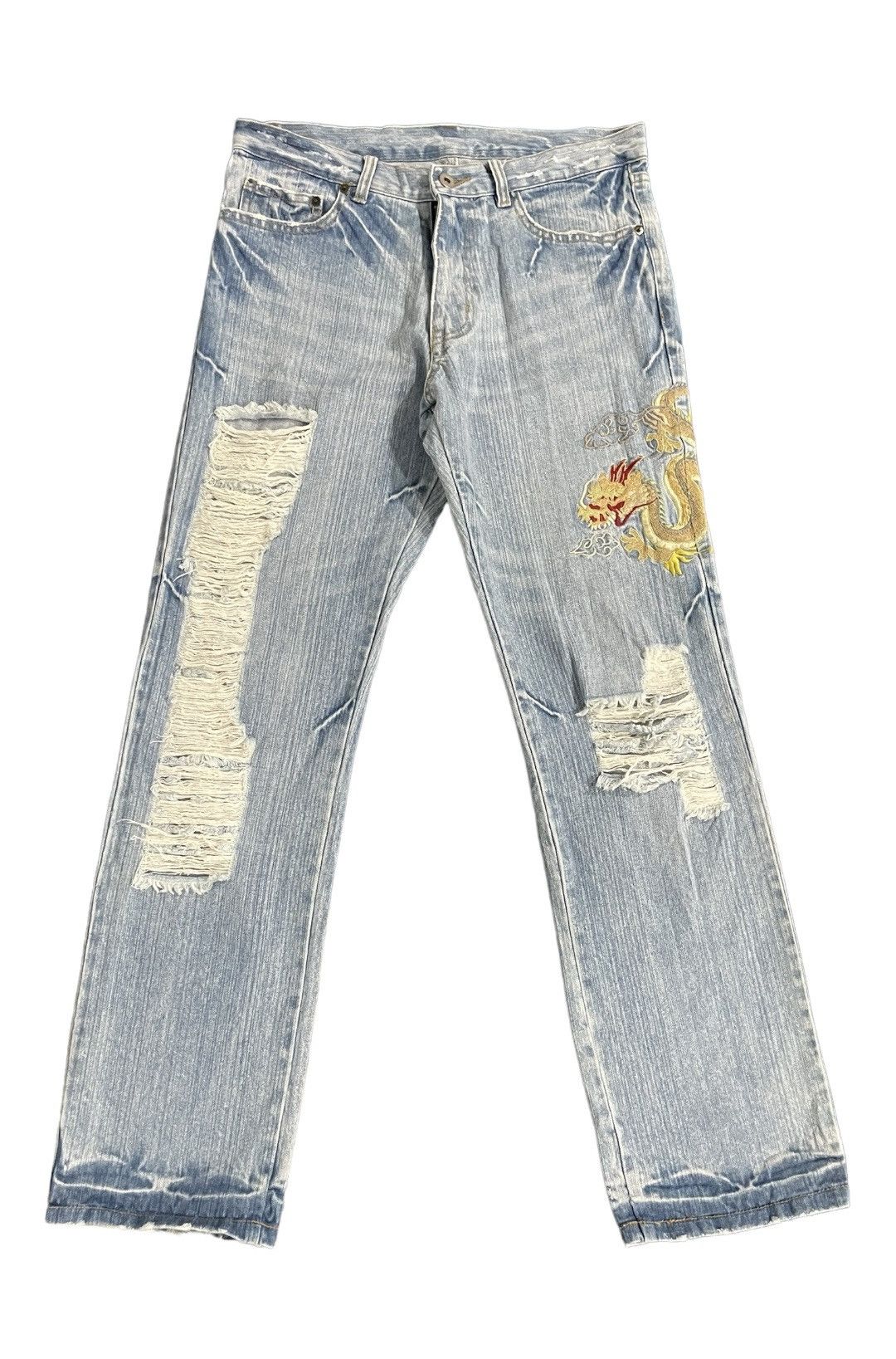 image of Vintage Dragon Embroidery Logo Distressed Denim Pants in Blue, Men's (Size 32)