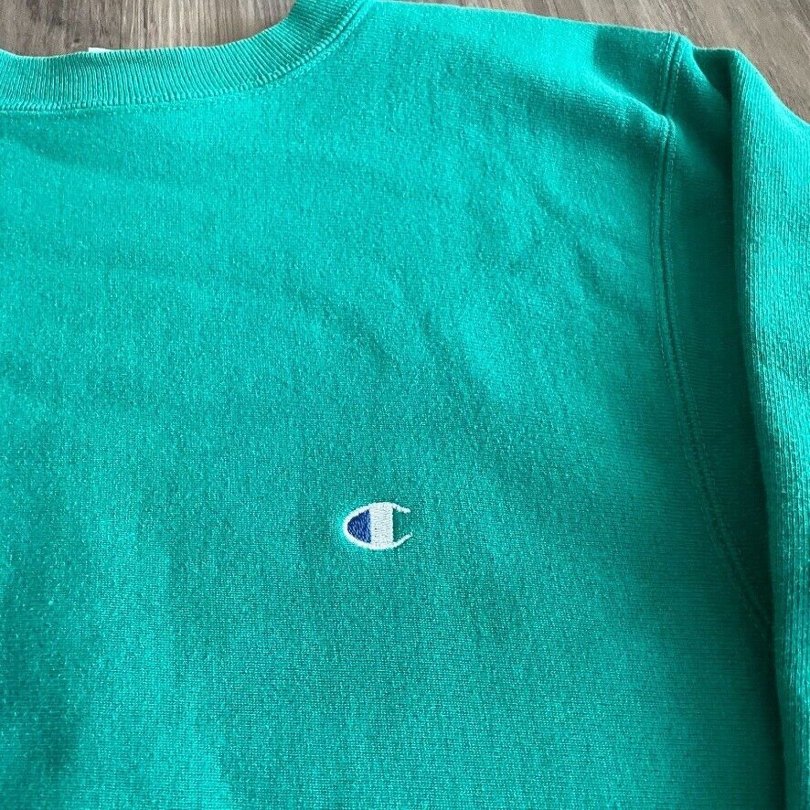 Champion × Vintage Vintage 90s Champion Reverse Weave Sweatshirt Blank Teal Size US L / EU 52-54 / 3 - 3 Thumbnail