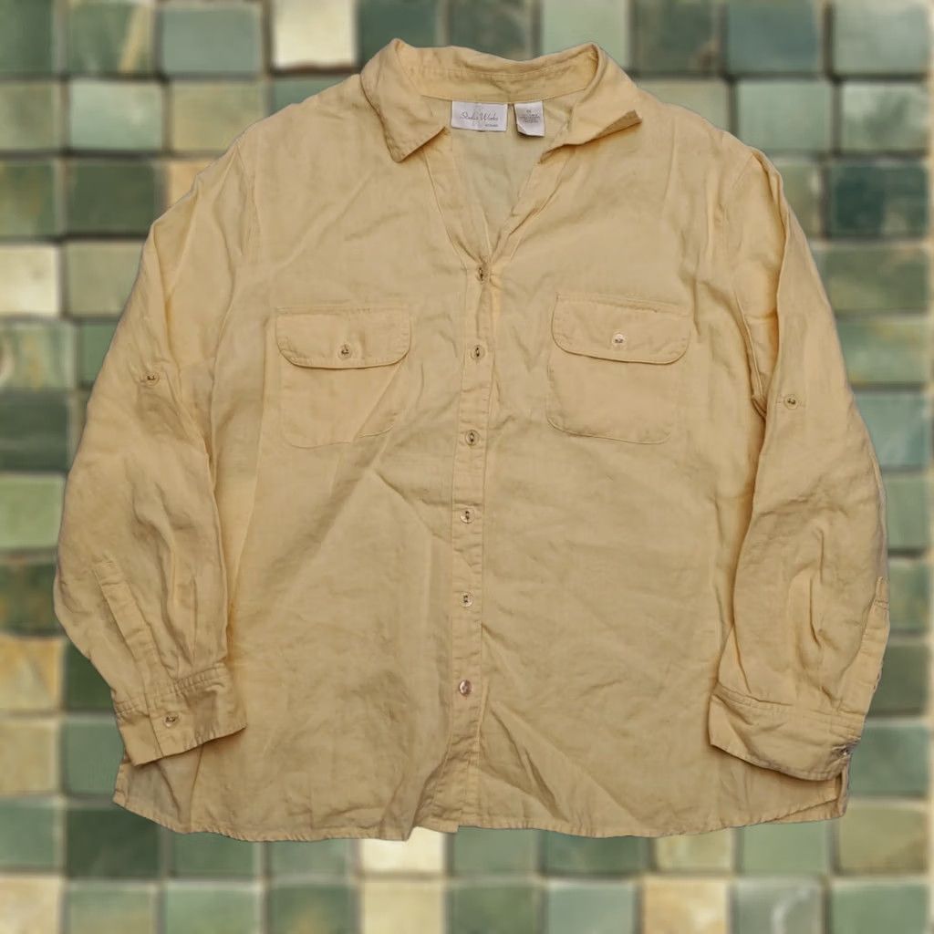 Vintage Studio Works Shirt Womens 1X Pastel Yellow 100% Linen Minimalist Coastal Boho Shirt Ladies 1X Yellow Linen Casual Classic Mens Womens Girls Size XL / US 12-14 / IT 48-50 - 1 Thumbnail