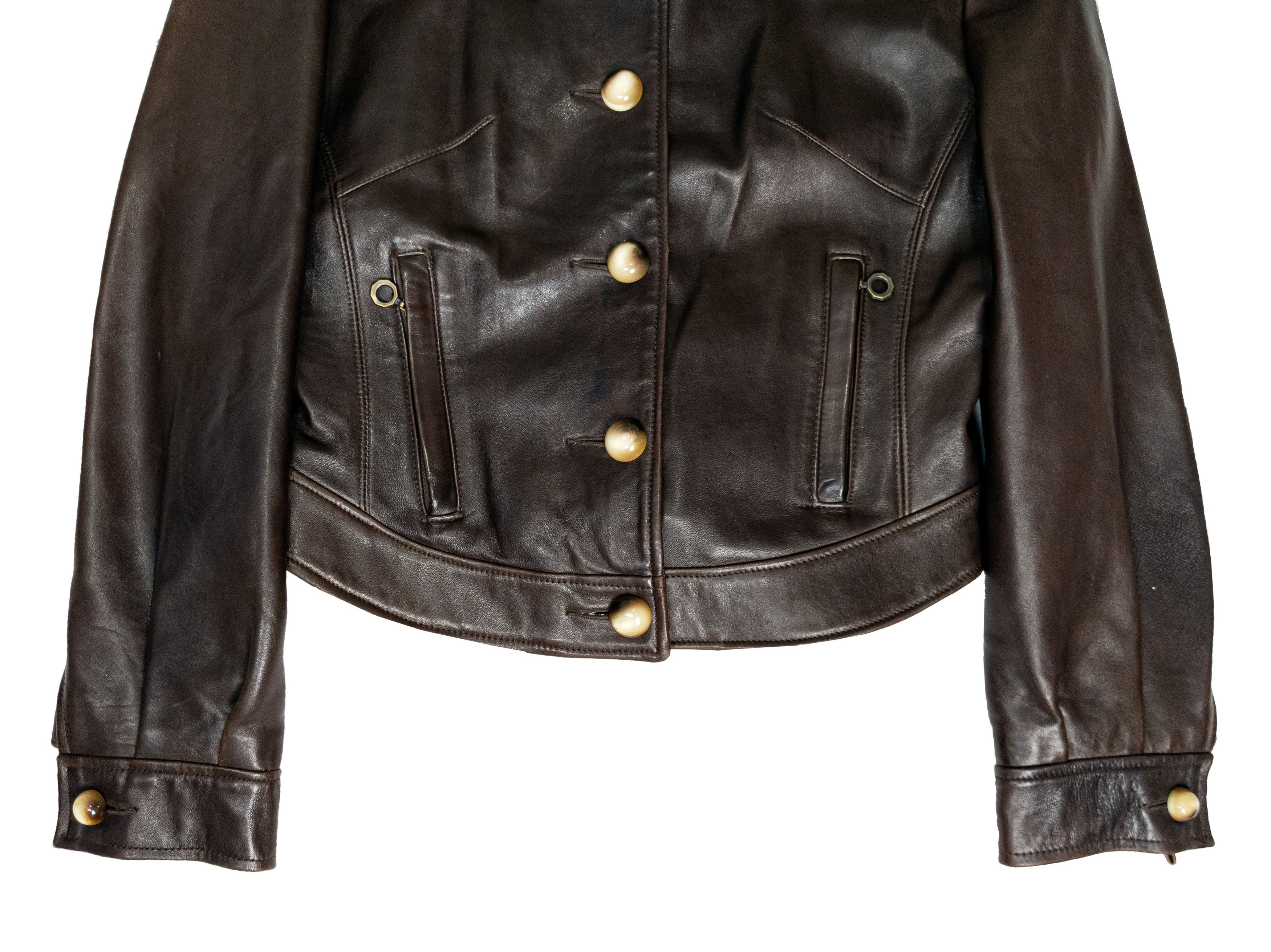 Vintage Vintage UK Women's Brown Cropped Leather Button Down Jacket Size L / US 10 / IT 46 - 13 Thumbnail