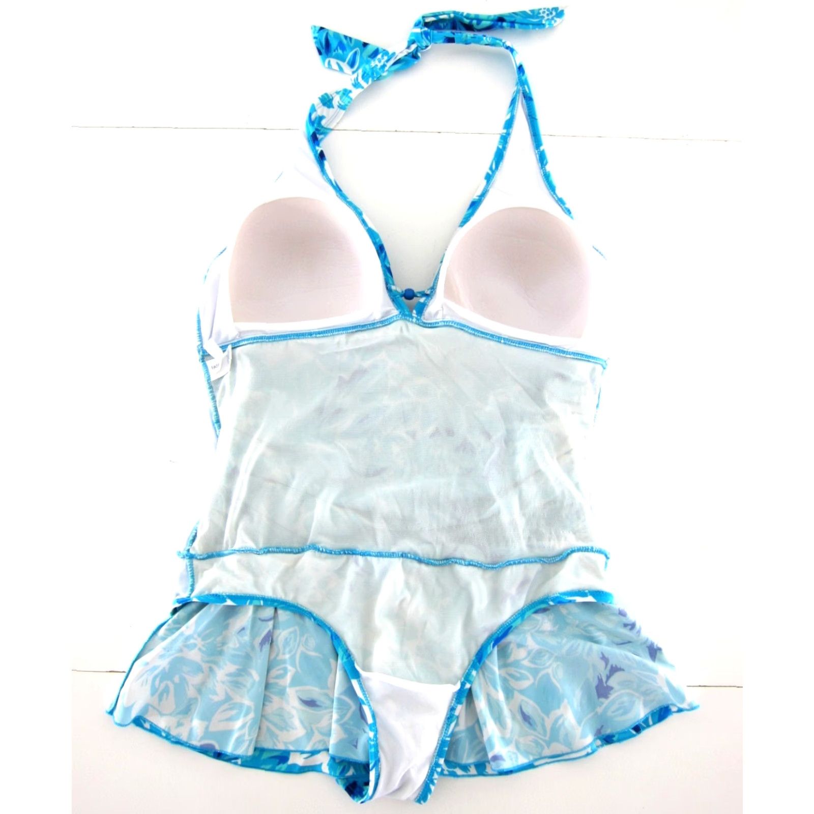 Vintage Fashion Bug One Piece Swimsuit Dress Women 20 Blue White Floral Halter Slimming Beach Polyester Spandex Nylon Vintage No Dress? Size 3XL / US 20-22 - 3 Thumbnail