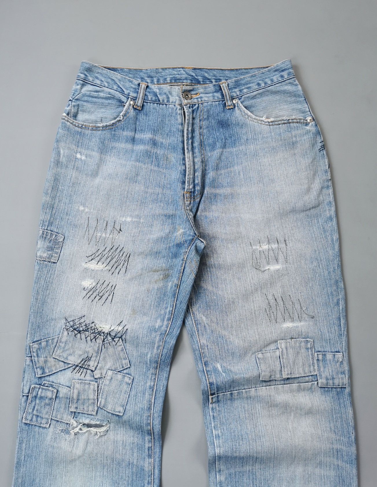 14th Addiction TTU Japan Patchwork Square Distressed Denim Jeans Size US 31 - 6 Thumbnail