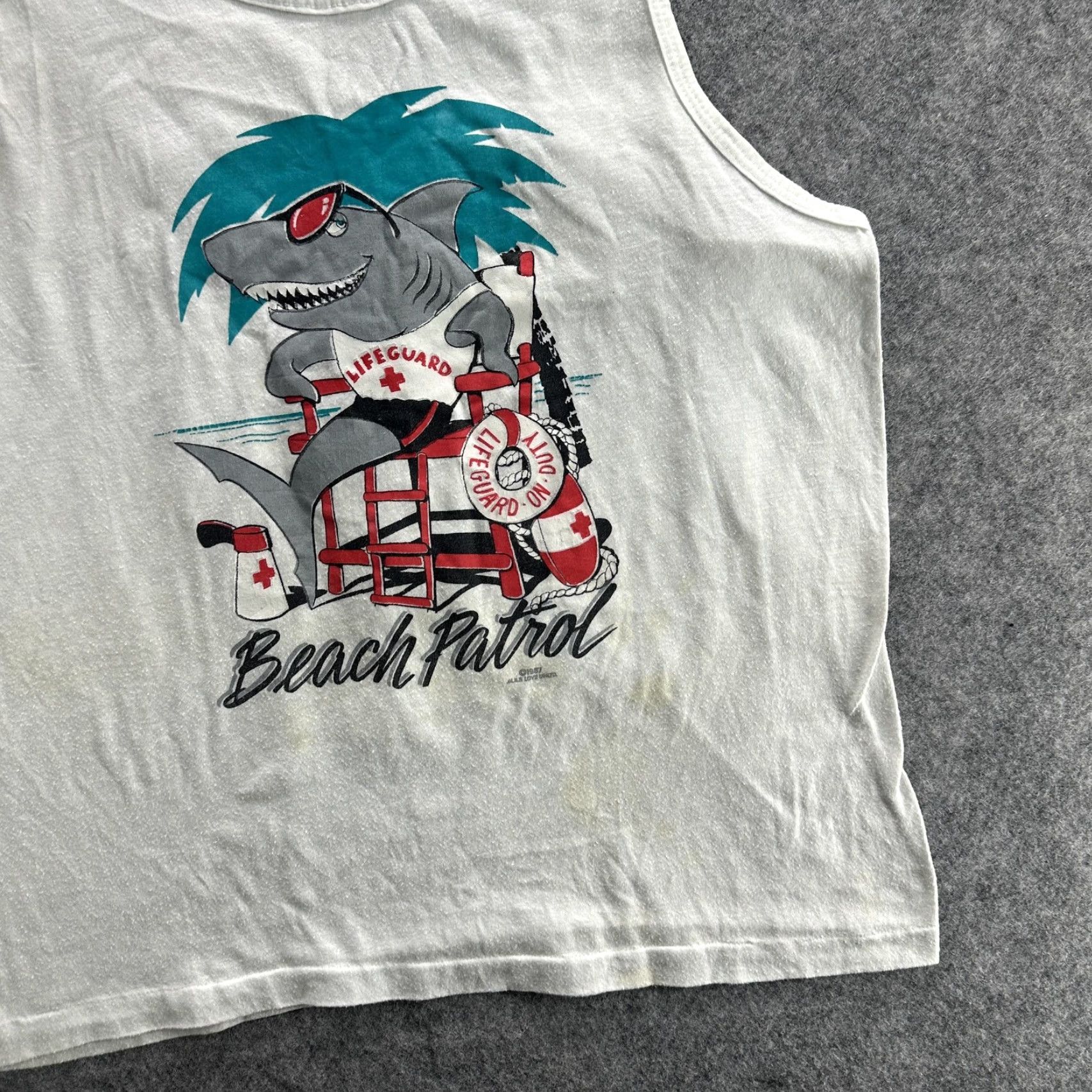 Vintage VINTAGE Beach Patrol Shirt Mens Medium White Shark Lifeguard Tank Top 90s Funny AllSport Crew Neck Sleeveless Graphic Print Beach Summer 1991 Mens Size US M / EU 48-50 / 2 - 3 Thumbnail