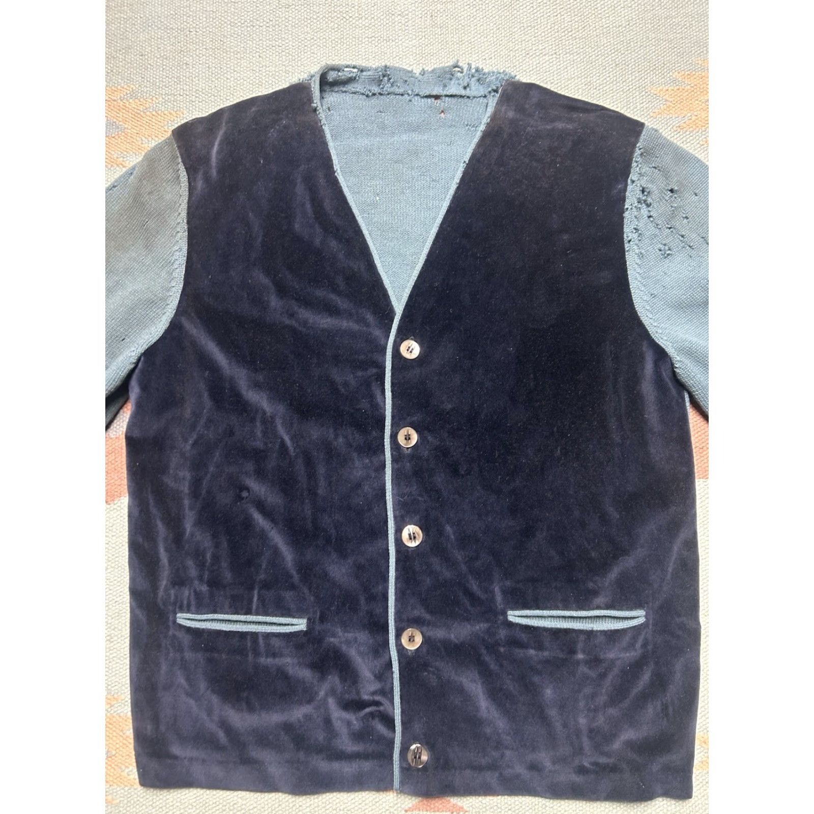 Velour VINTAGE Cardigan Mens 50s Wool Knit Velour 2 Tone Blue Medium Small Details: distressed, sweater, regular size, blue, unbranded Size US M / EU 48-50 / 2 - 5 Thumbnail
