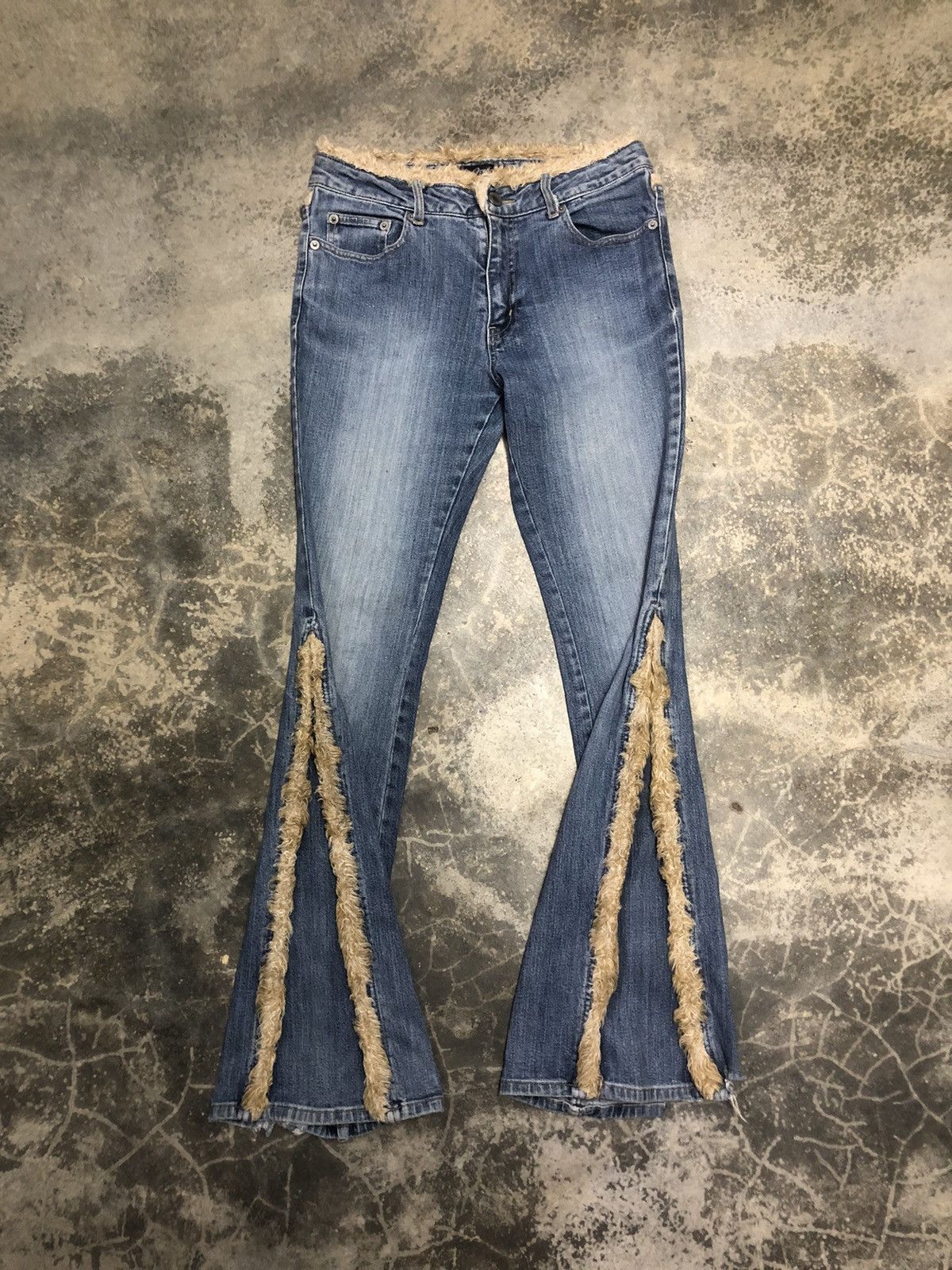 image of Jnco Flared Fleece Distressed Denim Oririn Jean in Blue, Women's (Size 26)