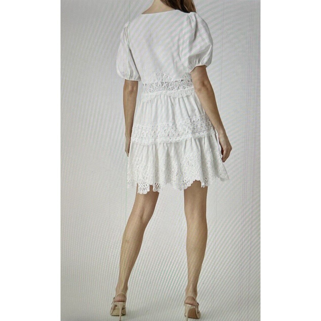 Designer ENDLESS ROSE White Puff Sleeve V-Neck Lace Trim Mini Dress S Size M / US 6-8 / IT 42-44 - 4 Thumbnail