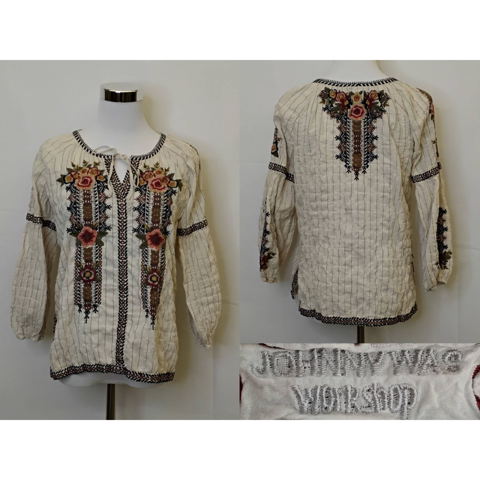 Johnny Was Johnny Was Blouse Women's S Cream Embroidered Floral Stripe Size S / US 4 / IT 40 - 1 Thumbnail