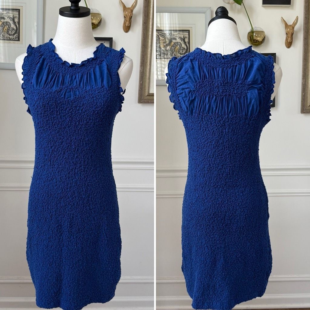 Anthropologie By Anthropologie Mock-Neck Textured Dress Smocked Ruched Ruf Size M / US 6-8 / IT 42-44 - 2 Thumbnail