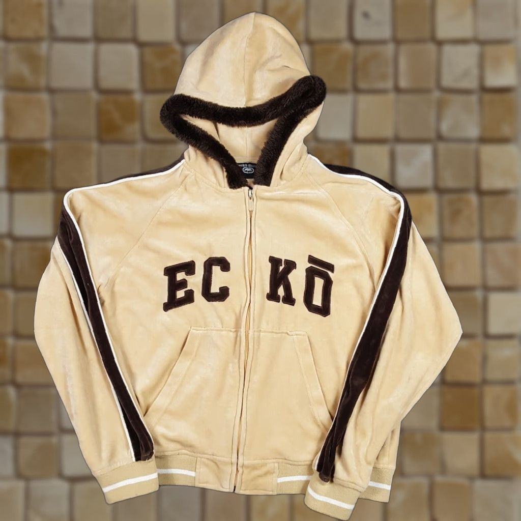 Ecko Unltd. VINTAGE Ecko Unltd Velour Hooded Zip Jacket Women's 2XL Beige 90s Grunge Retro Punk Streetwear Velvet Size XXL / US 16-18 / IT 52-54 - 1 Thumbnail