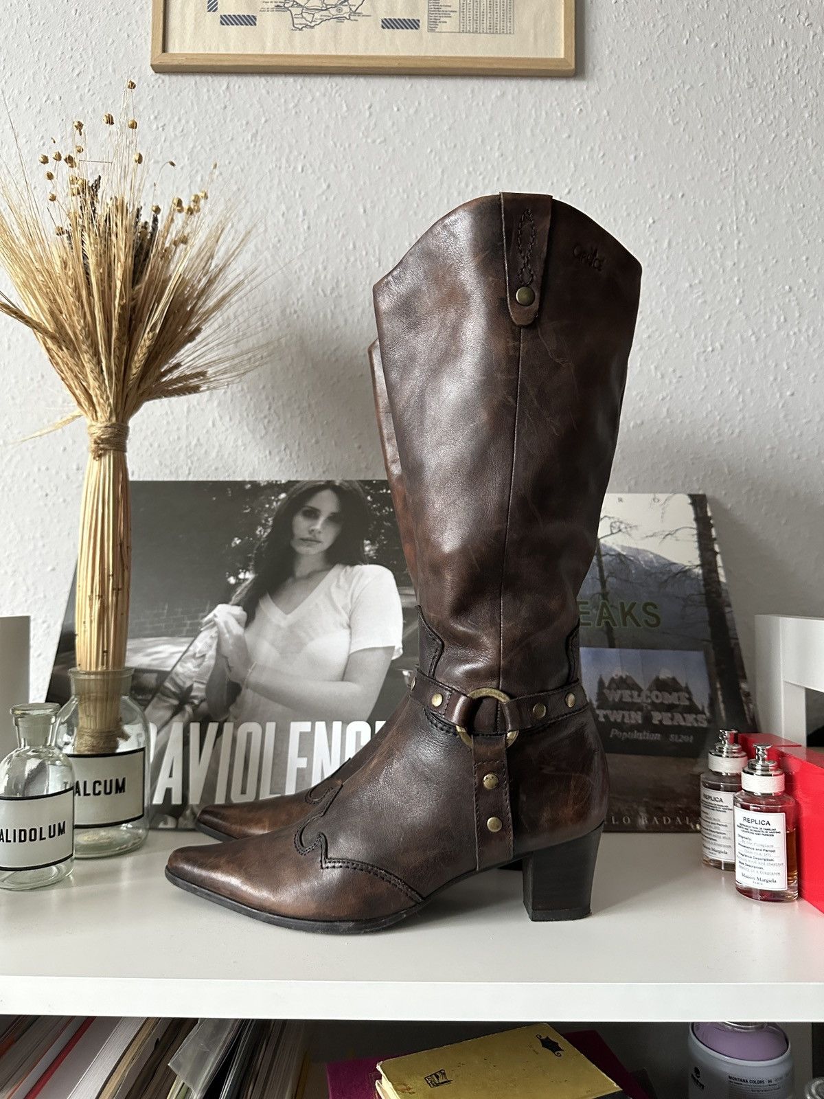 Other Old Leather Cowboy Vintage Pointed Toe Heels Moto Boots Size US 7 / IT 37 - 1 Thumbnail