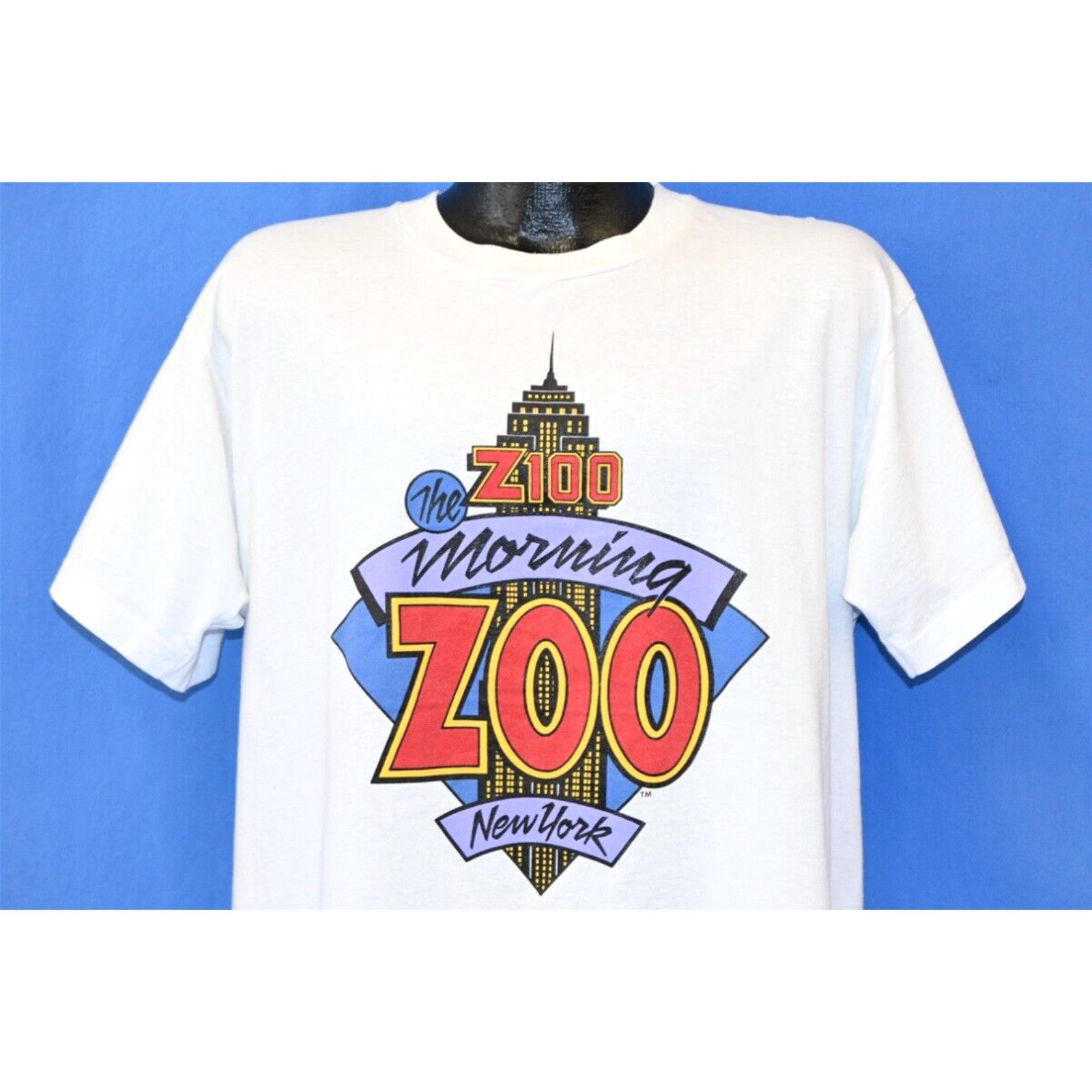 Image of Screen Stars VTG 90's Z100 Morning Zoo Radio New York Empire State Building Nuts T-Shirt XL in Whit