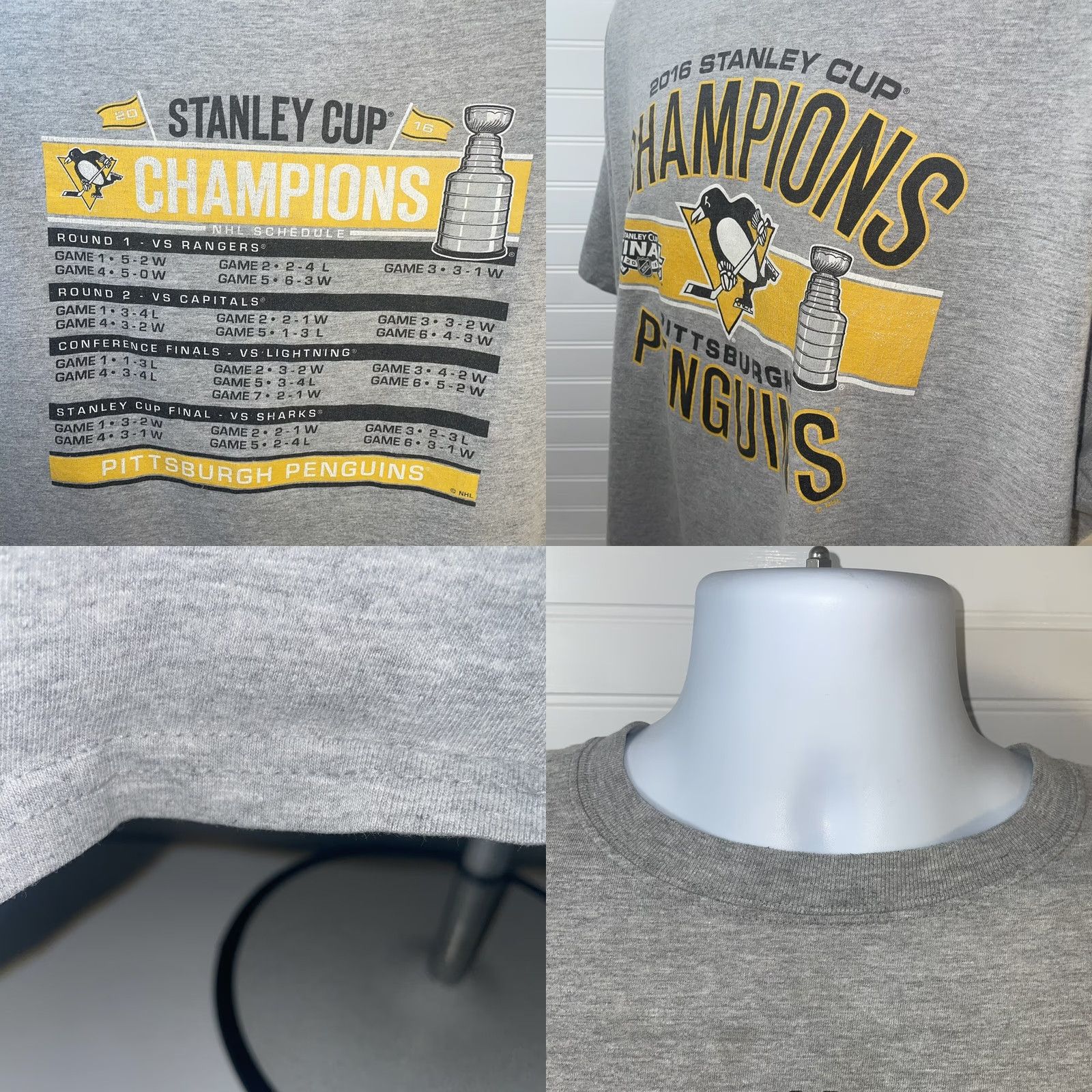 Champion Pittsburgh Penguins Shirt Men XL 2016 Champions Heather Gray Double Sided Graphic Print Crew Neck Short Sleeve Cotton Knit Vintage? No Size US XL / EU 56 / 4 - 8 Thumbnail
