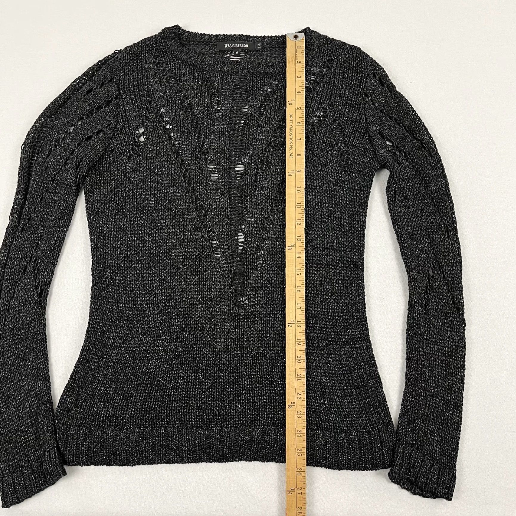 Vintage Tess Giberson Sweater Women Medium Black Shimmer Stretch Open Knit Crew Pullover Size M / US 6-8 / IT 42-44 - 4 Thumbnail