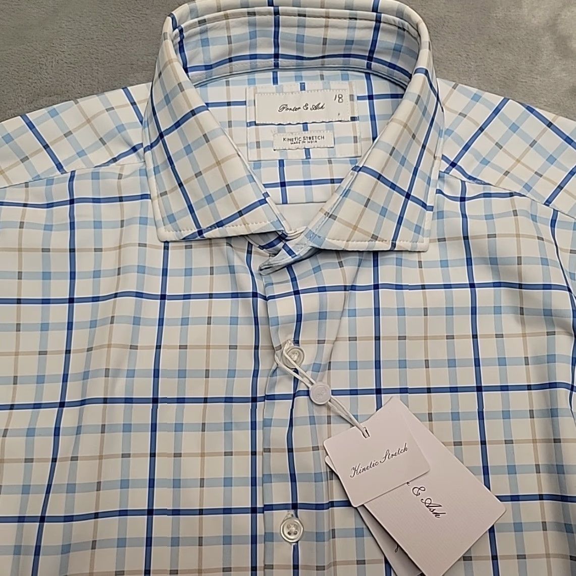 ASH Porter Ash Shirt Mens M Blue Kinetic Stretch Performance Knit Long Sleeve Casual Plaid Size US L / EU 52-54 / 3 - 3 Thumbnail