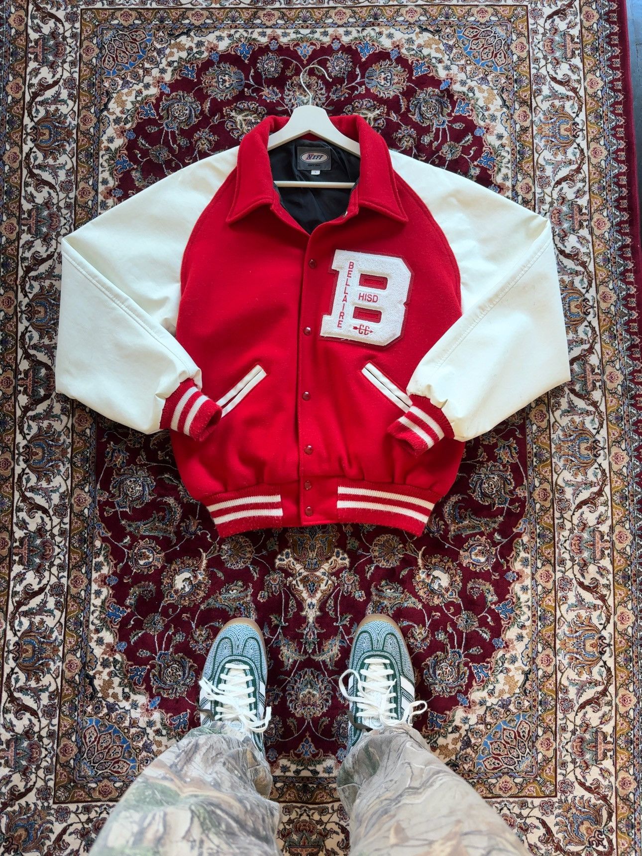 image of Vintage Varsity Jacket Red + White “B”, Men's (Size XL)