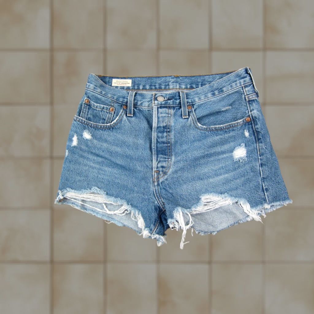 Levi's Levis 501 Jean Shorts Womens 28 Blue Denim Distressed Button Fly Big E Cut Off Casual 5-Pocket 70s 80s 90s Mens Womens Boys Girls Size 28" / US 6 / IT 42 - 1 Thumbnail