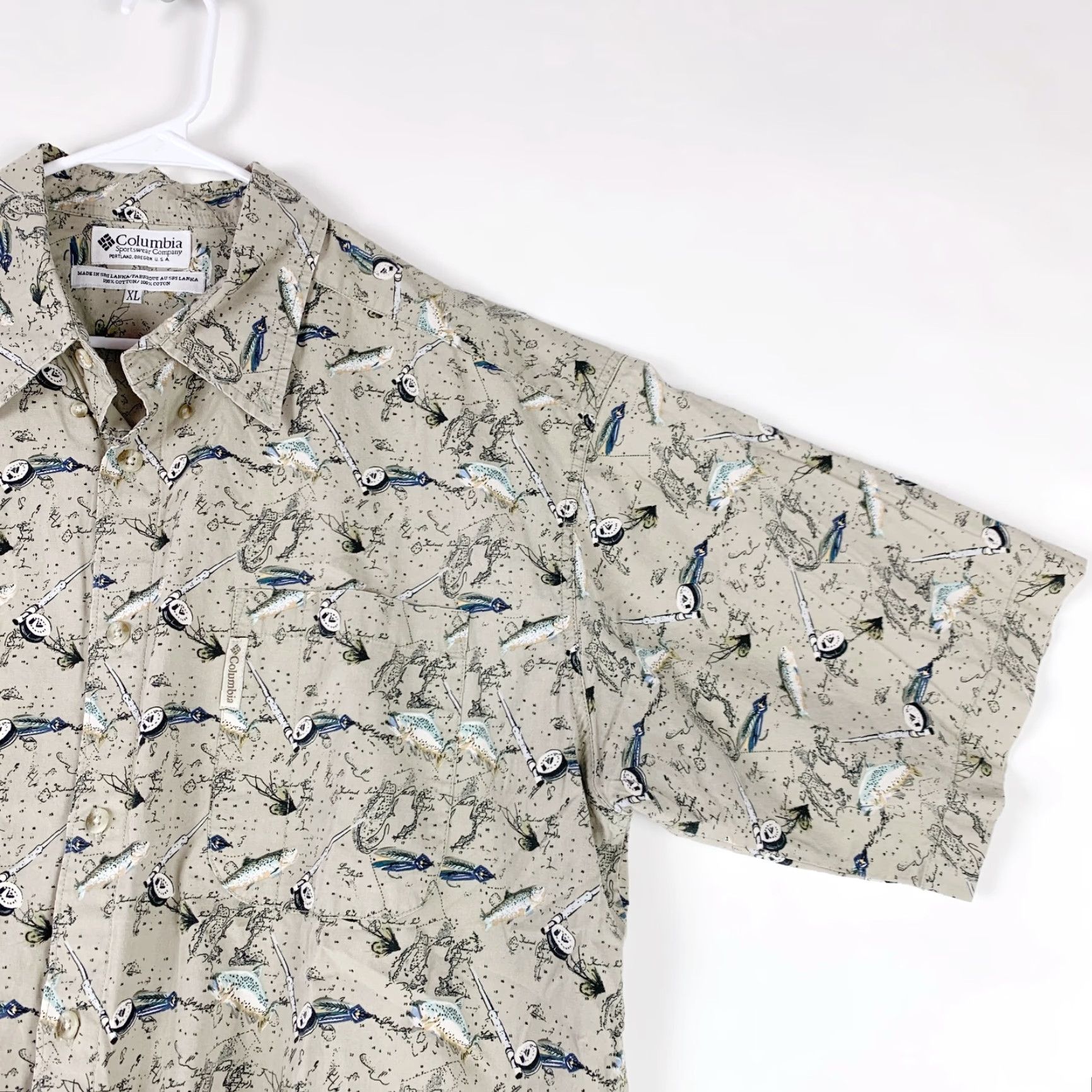 Vintage VINTAGE Columbia All Over Fish Pole AOP Camp Short Sleeve Button Front Shirt XL Mens Brown 1990s Cotton Size US XL / EU 56 / 4 - 5 Thumbnail