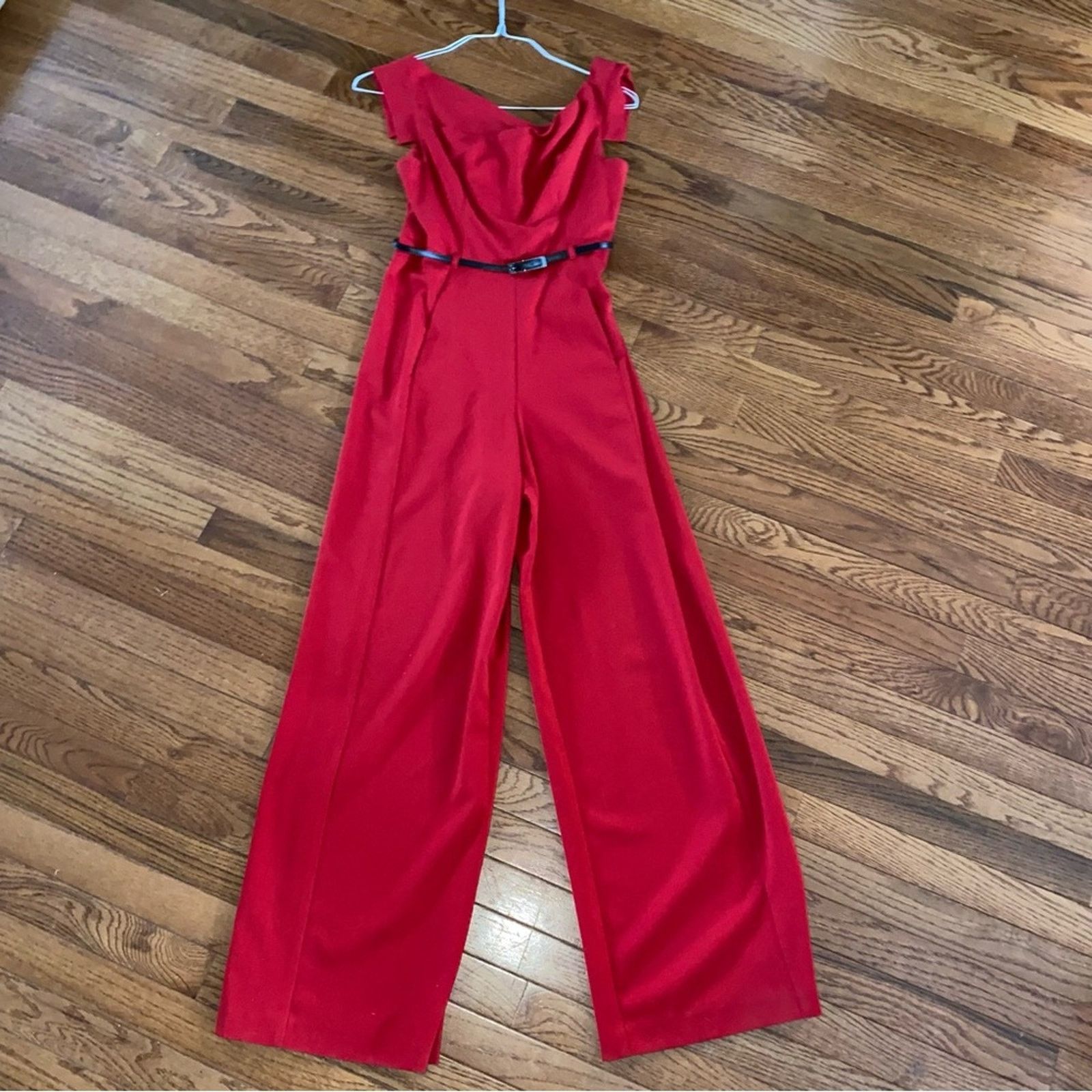 Black Halo BLACK HALO Jackie O Red Belted Wide Leg Jumpsuit Size 4 P Size 27" / US 4 / IT 40 - 2 Thumbnail