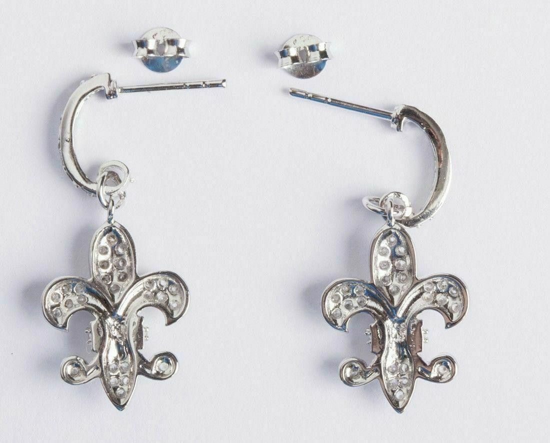 Designer Sterling Silver Pave Fleur lis Pave Cubic Zirconia Earrings Size ONE SIZE - 2 Thumbnail