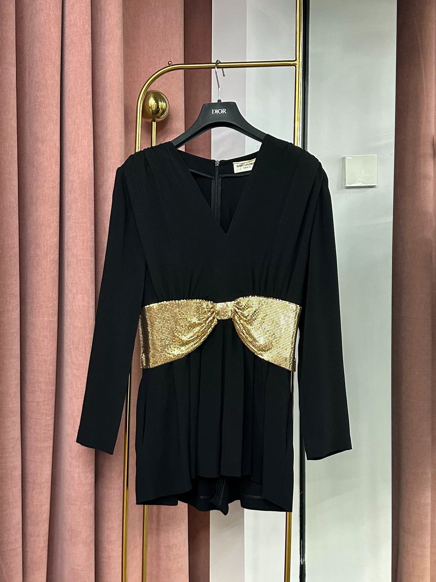 Saint Laurent Paris Saint Laurent Black Gold Sequin Bow Jumpsuit Size 40" / US 18 - 1 Thumbnail