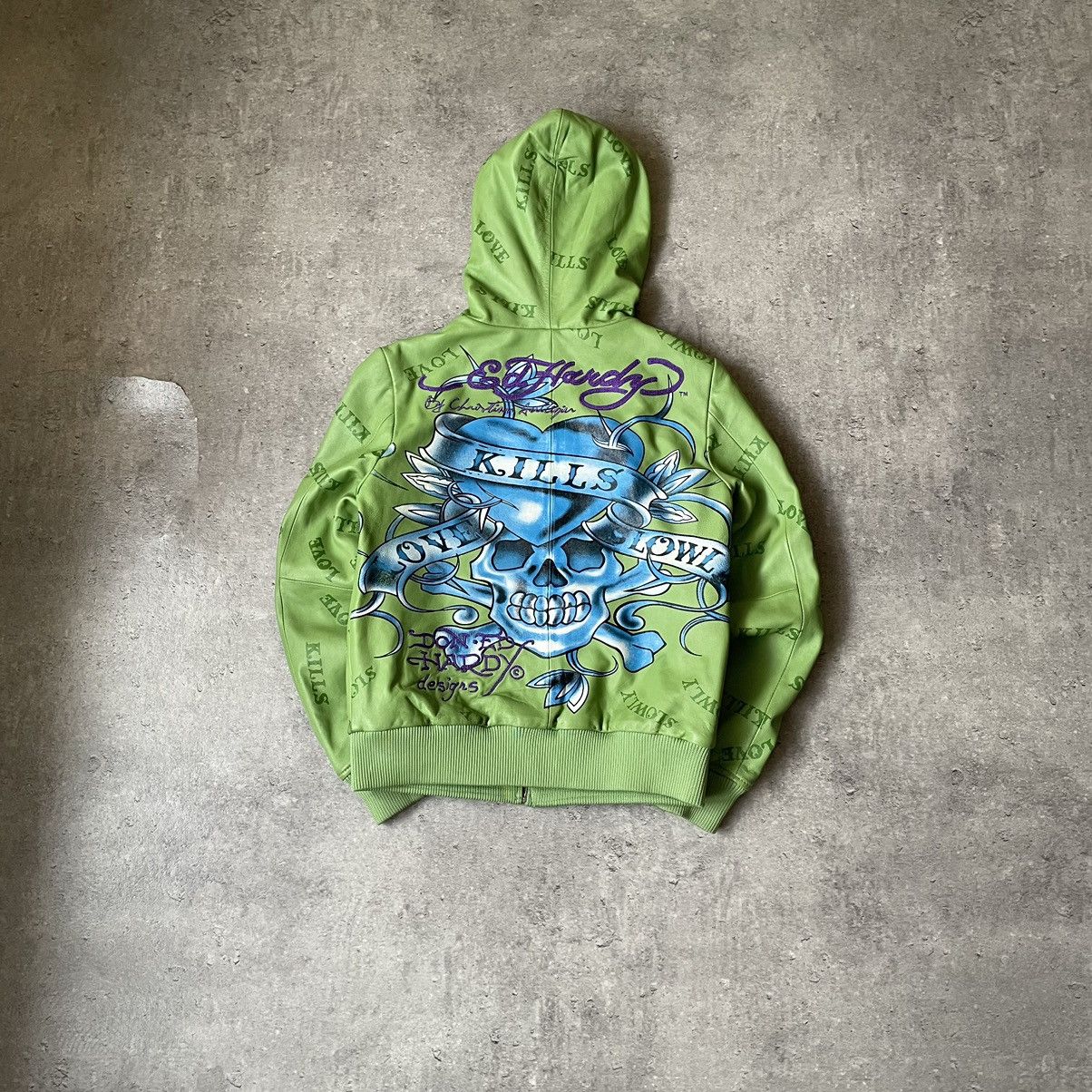 Christian Audigier × Ed Hardy × Vintage Rare❗️Vintage Ed-Hardy Overprint Leather Jacket Size US S / EU 44-46 / 1 - 9 Thumbnail
