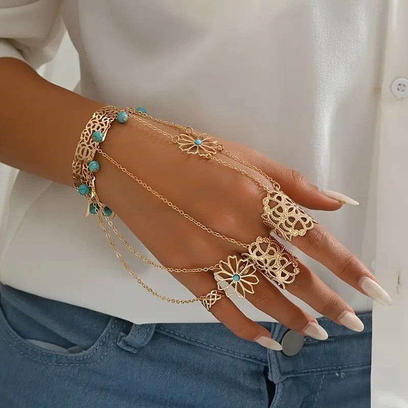 Other Boho Turquoise Flower Chain Hand Bracelet Ring Set Size ONE SIZE - 4 Thumbnail