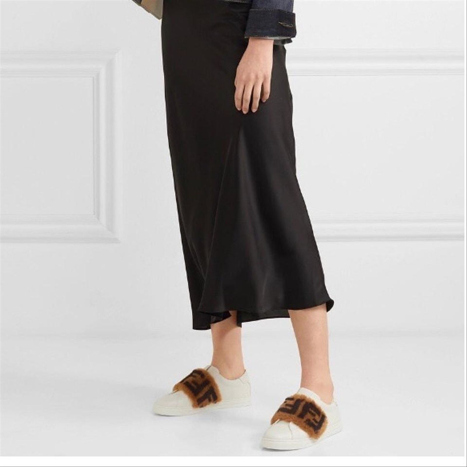 FENDI FF logo motif shearling fur panel leather sneakers