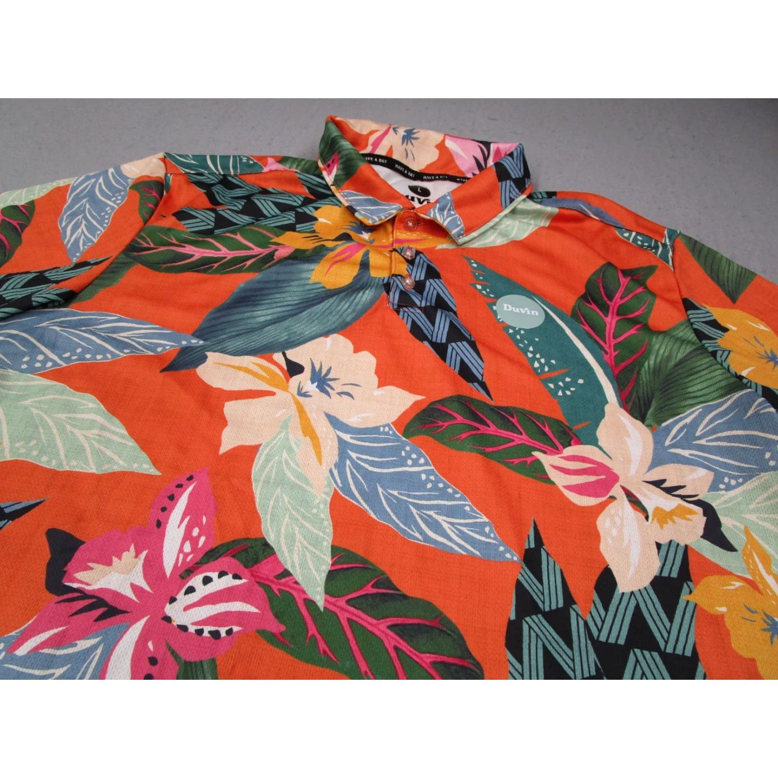 Vintage Duvin Men's Orange Polo Shirt - Golf, Travel, AOP Floral Performance Polo, Short Sleeve, Large, Classic Fit Size US L / EU 52-54 / 3 - 2 Thumbnail