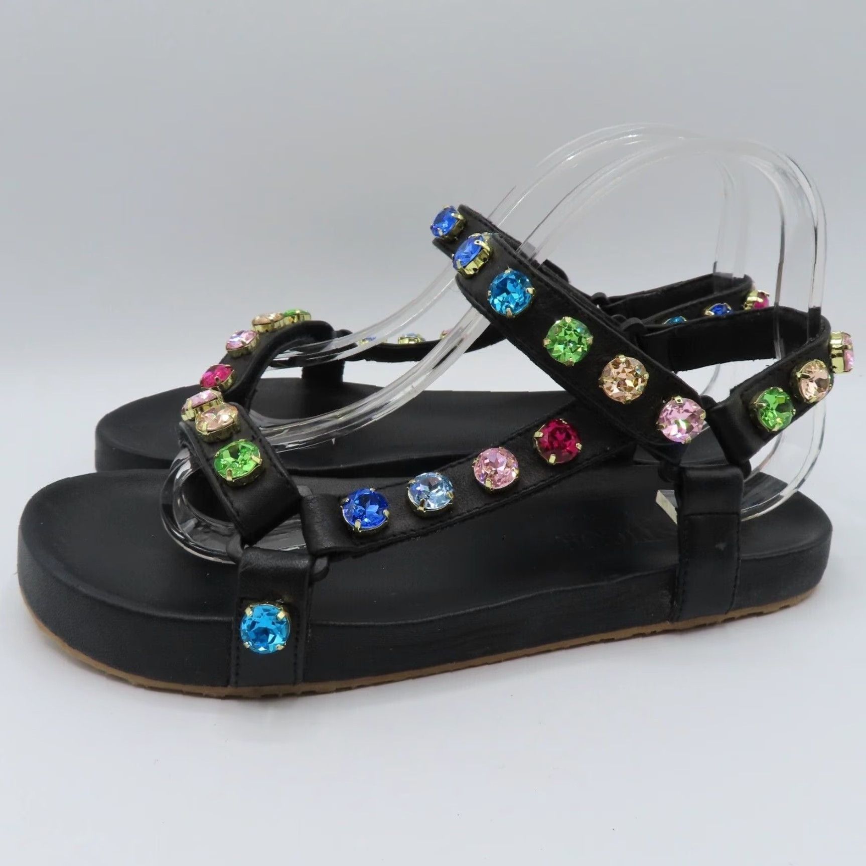 Rainbow Mystique Stephanie Gottlieb Women Sandal 8 Rainbow Rhinestone Hook Loop Leather Black Leather Sandals Womens Shoes Size US 8 / IT 38 - 4 Thumbnail