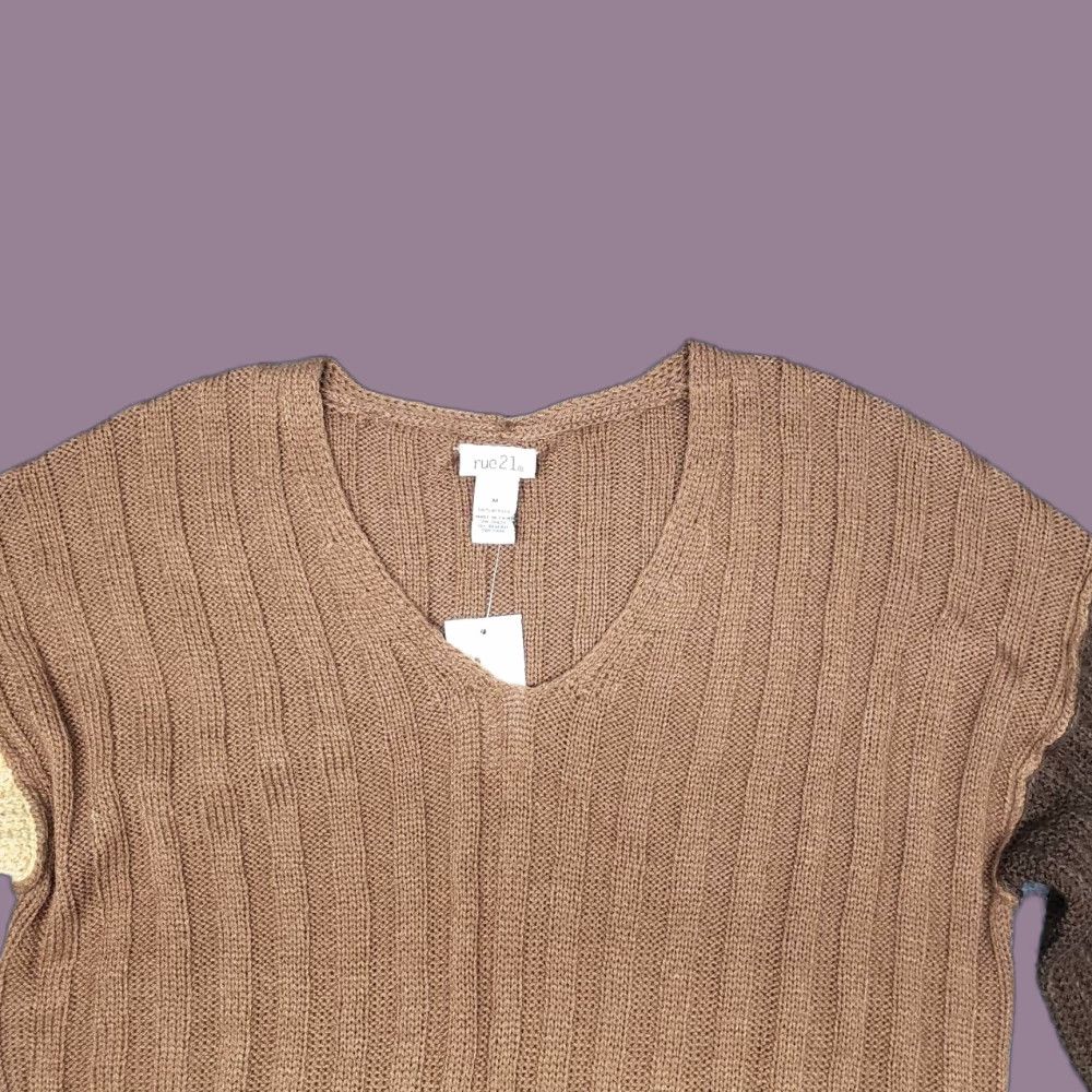 Vintage Rue21 Sweater Womens M Brown Long Sleeve V-Neck Pullover Distressed Edges New Size M / US 6-8 / IT 42-44 - 1 Thumbnail