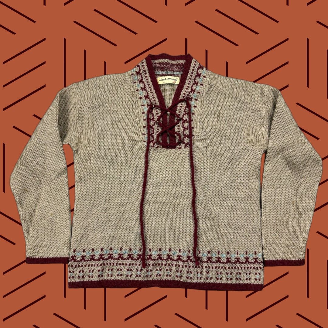 Vintage VINTAGE Jack Winter All Wool Fair Isle Sweater Unisex Adults Small Brown Long Sleeve High Neck 40s 50s Western Cowboy Style Size S / US 4 / IT 40 - 1 Thumbnail