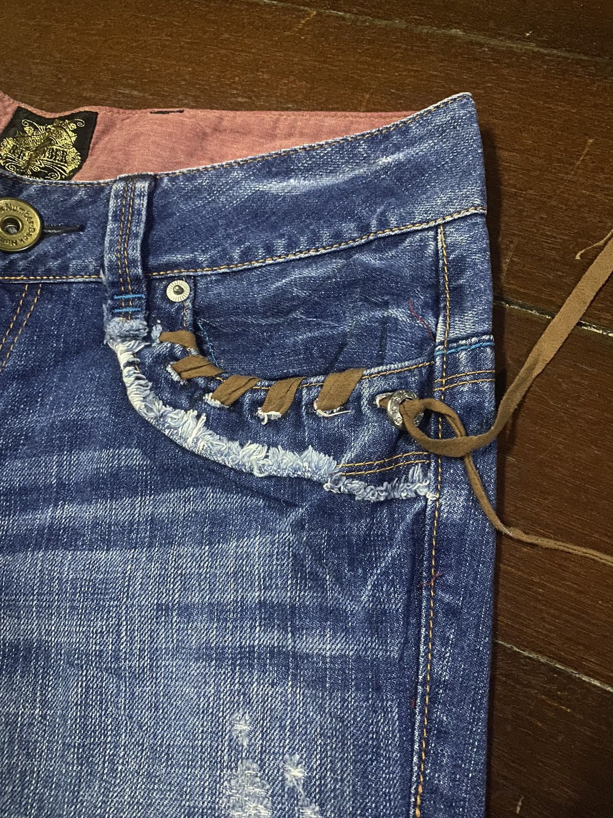 If Six Was Nine × Le Grande Bleu (L.G.B.) × Tornado Mart Flare Jeans Back Number Distress Faded Denim Bootcut Y2k Size 33" - 7 Thumbnail