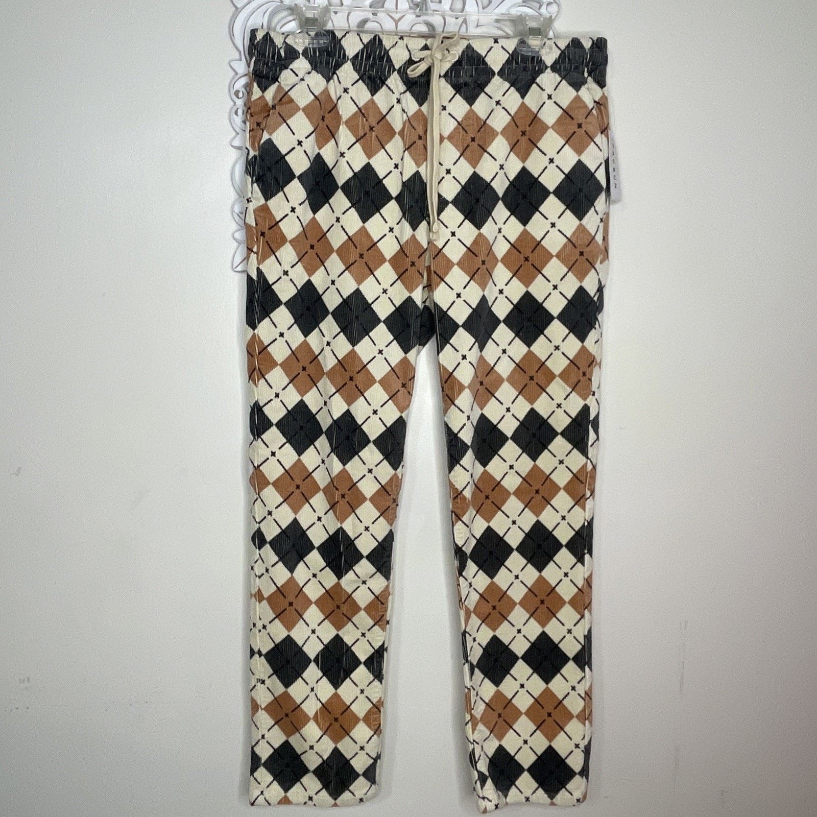 Pacsun PACSUN M Slim Argyle Corduroy PANTS Elastic Waist TAN GRAY Size 33" - 2 Thumbnail