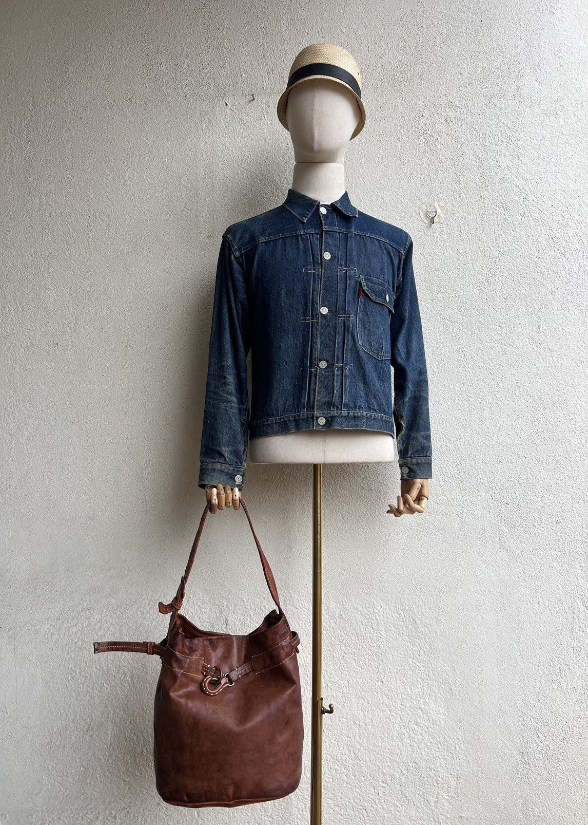 Leather Trashed Genten Japan Distress Patina Leather Bag Bucket Size ONE SIZE - 1 Thumbnail