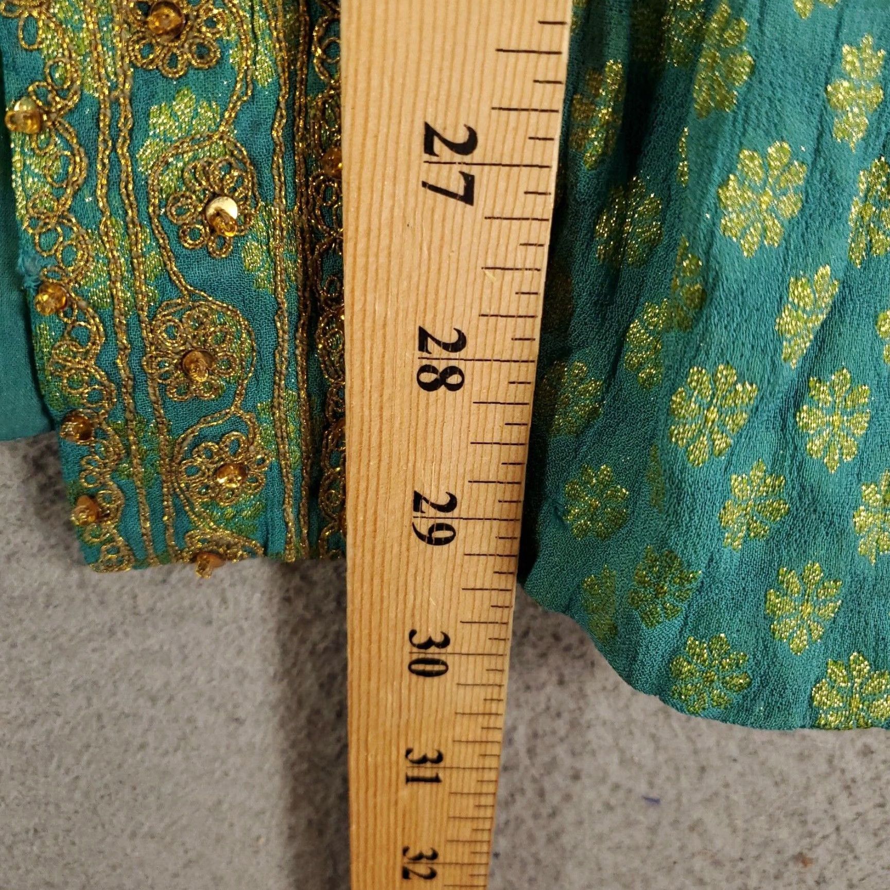 Soft Surroundings Soft Surroundings Sequined Cardigan Womens M Teal Gold Metallic Open Lined Bohemian Geometric Relaxed Fit Blouse Cardigan Accessories Size M / US 6-8 / IT 42-44 - 3 Thumbnail