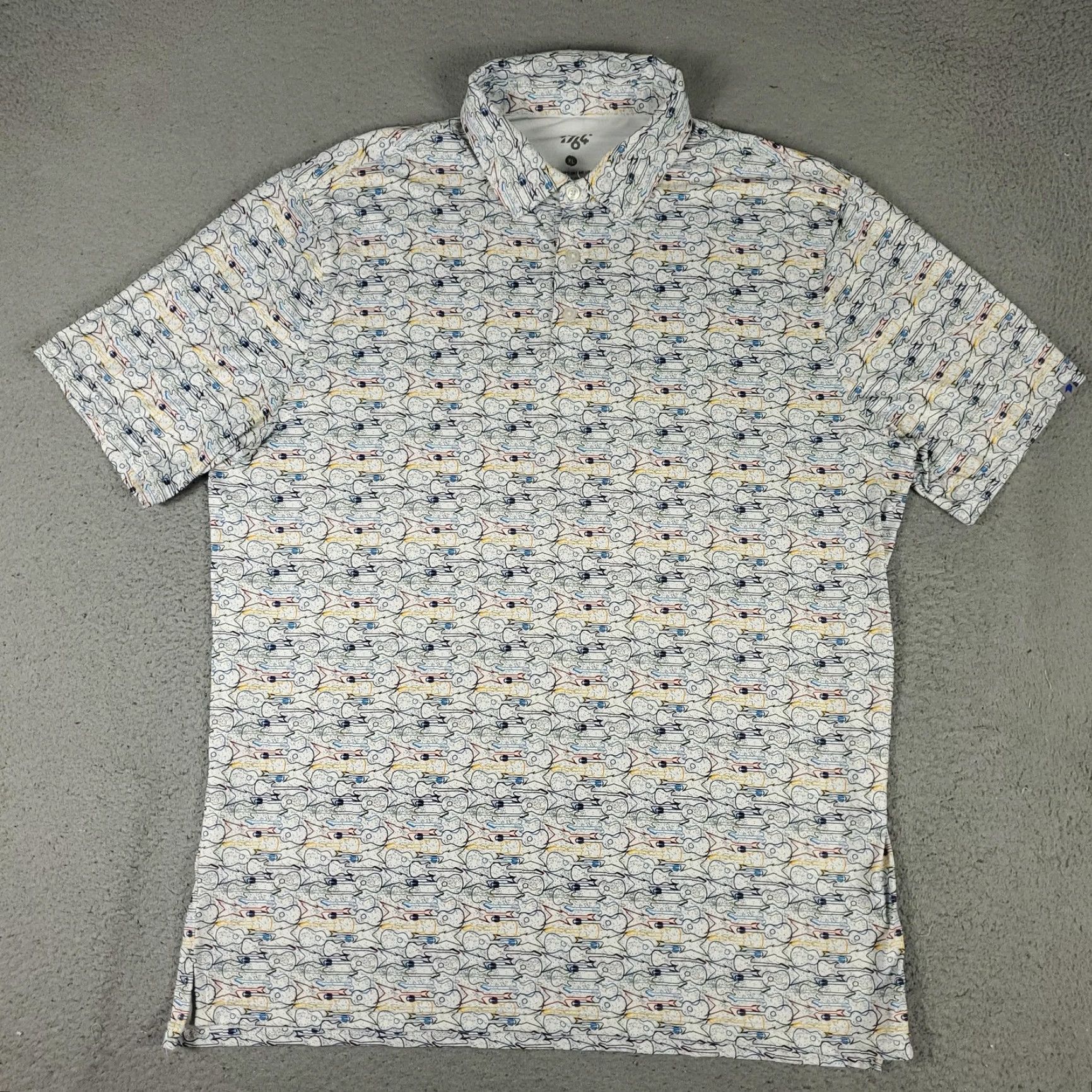Vintage 1764 Polo Shirt Mens XL Blue Guitar Print Casual Short Sleeve Golf Shirt Polo Shirt Mens XL Blue Guitar Print Size US L / EU 52-54 / 3 - 2 Thumbnail