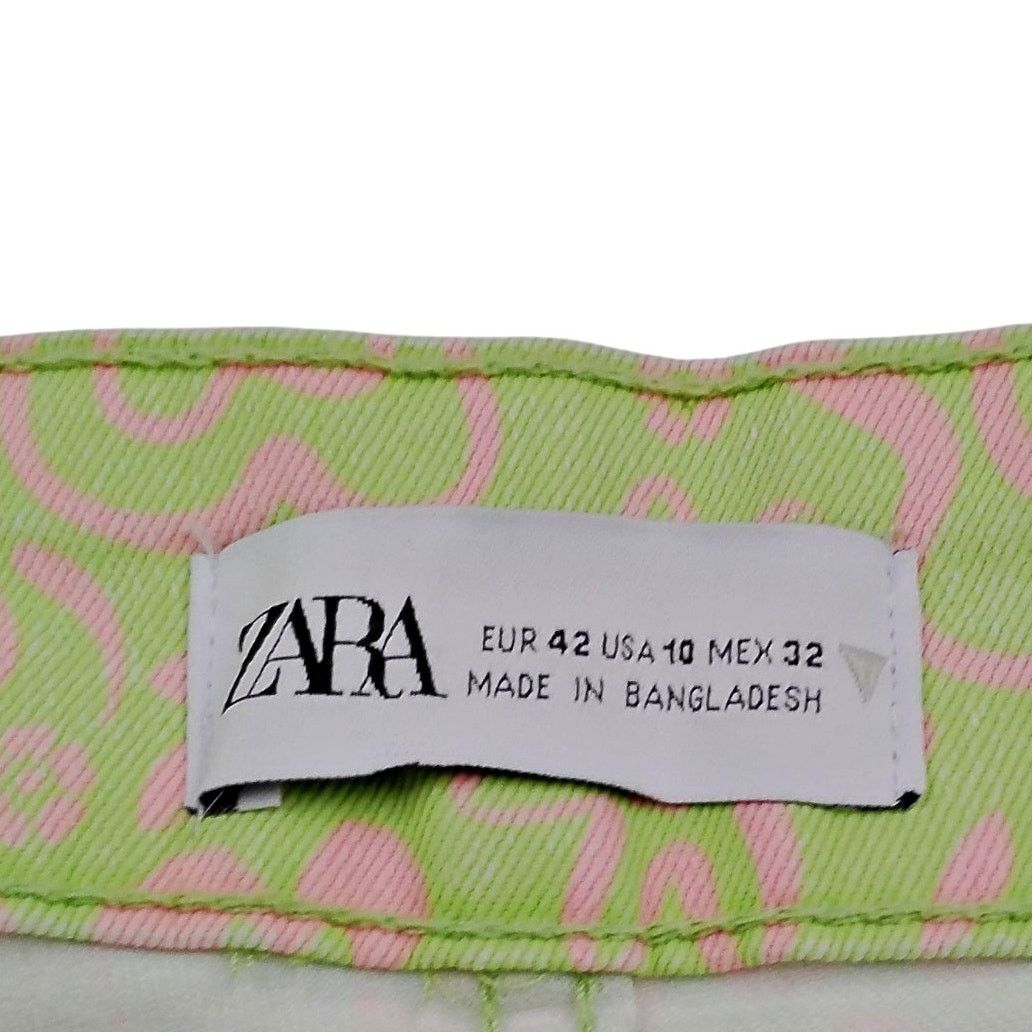 Zara Zara Kick Flare Jeans Green Floral High Rise Crop Raw Hem Size 32" / US 10 / IT 46 - 6 Thumbnail