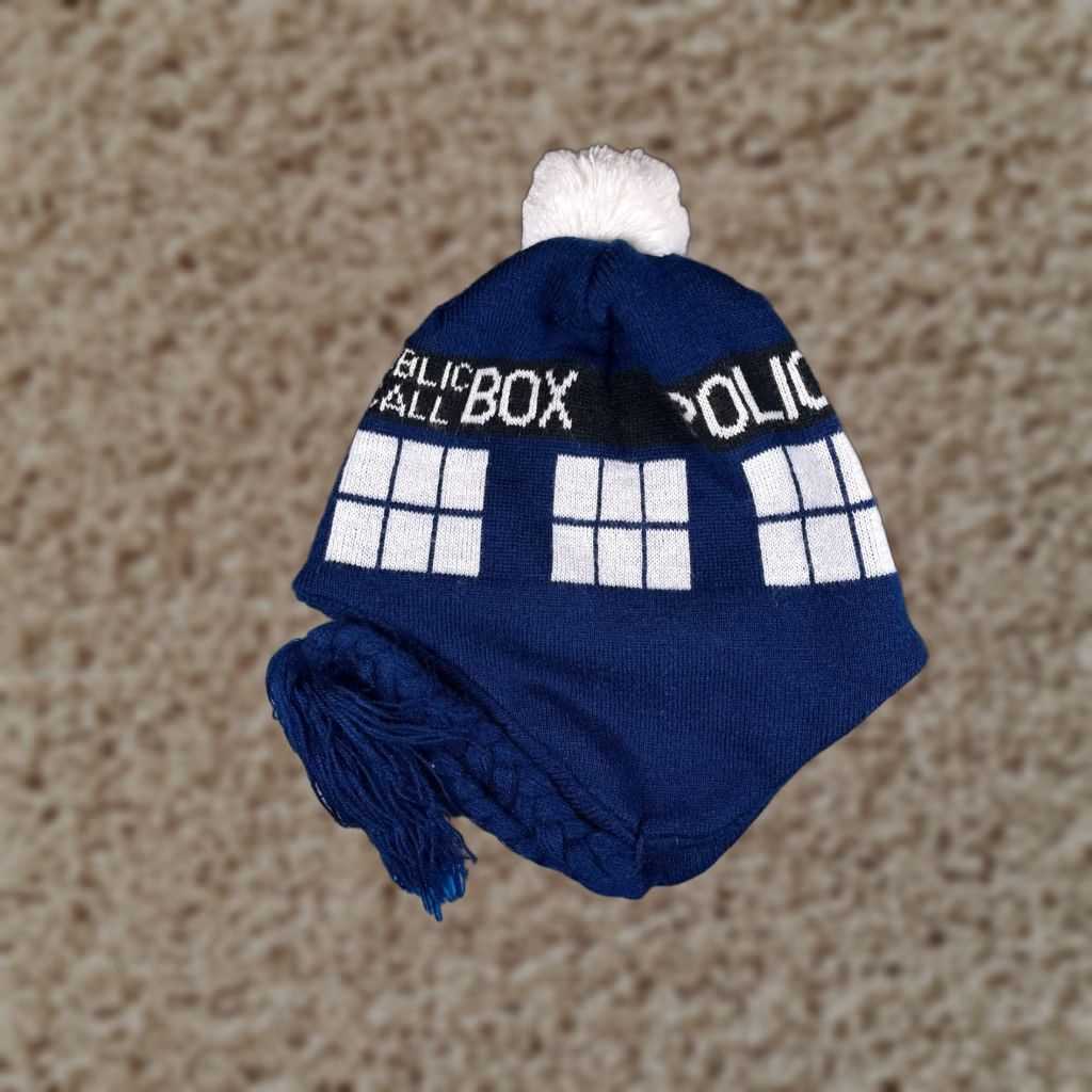 Vintage Dr Who Beanie Toque Adult One Size Blue Police Box Acrylic Ear Flap Tassel Pom Size ONE SIZE - 1 Thumbnail