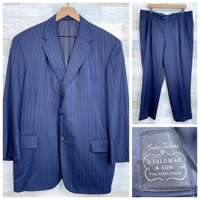Hickey Freeman Hickey Freeman Custom Wool Suit Navy Blue Striped Mens 44R Grailed