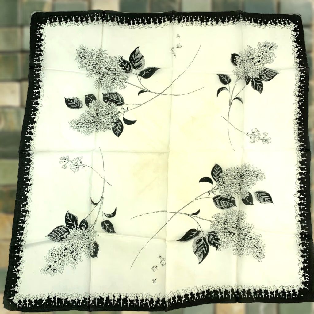 Vintage VINTAGE Scarf Womens 28" x 28" Hand Rolled Black White Floral Painted Square Scarf Women Size ONE SIZE - 1 Thumbnail