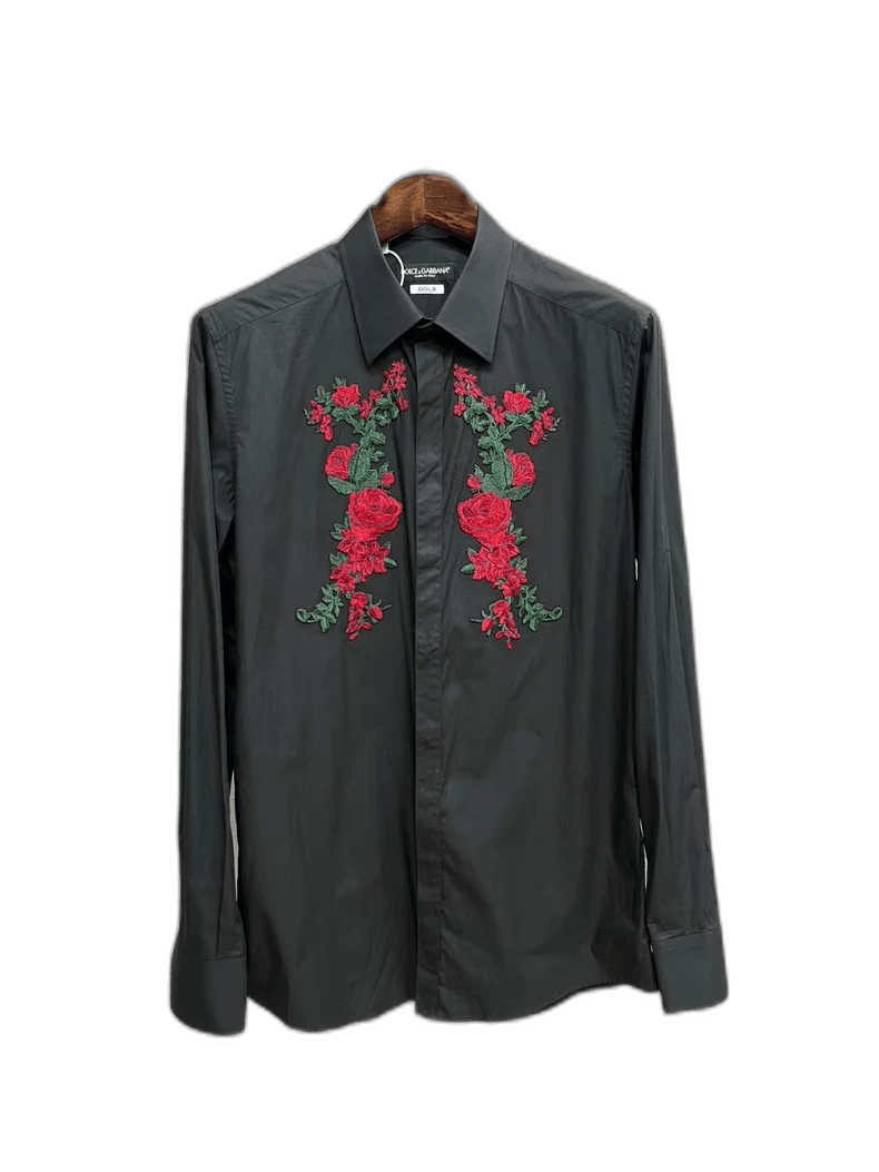 Dolce & Gabbana Dolce&Gabbana Embroidered Black Shirt with Roses Size US M / EU 48-50 / 2 - 1 Thumbnail