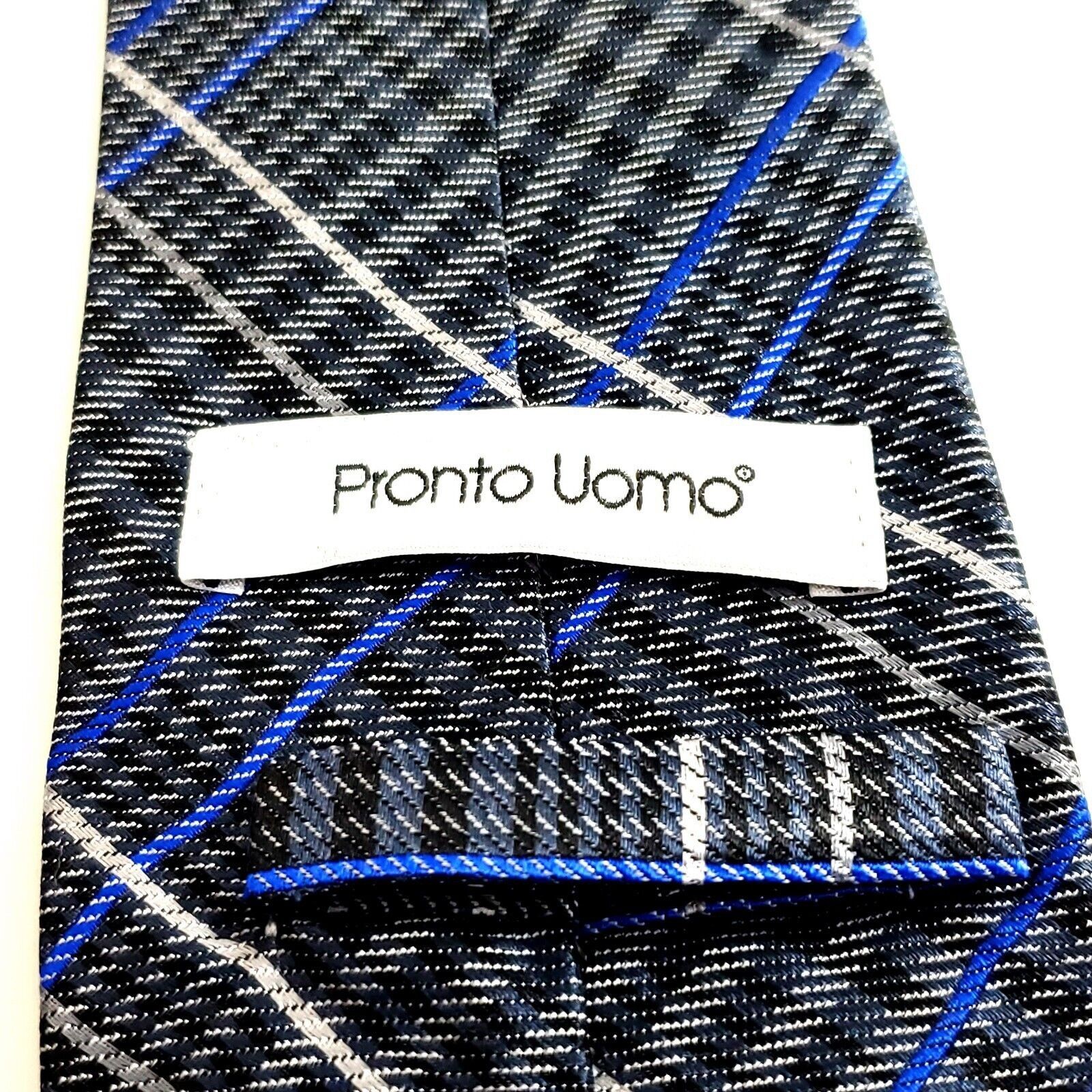 Pronto Uomo Pronto Uomo Gray Blue Plaid Woven Silk Tie Size ONE SIZE - 3 Thumbnail
