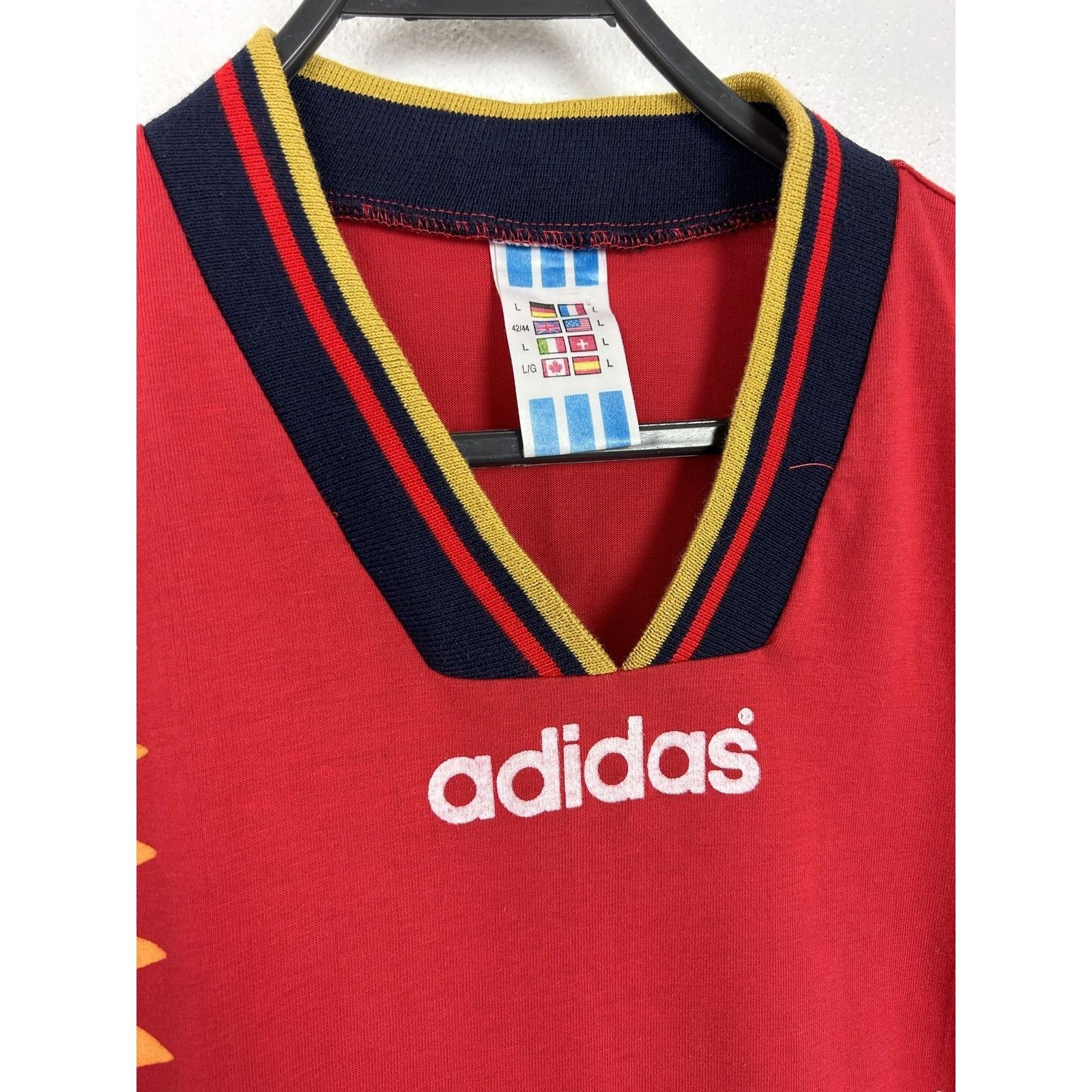 Adidas 90s Vintage 1994 Spain RSFF Home Kit V-Neck T-Shirt In Red Size US L / EU 52-54 / 3 - 2 Thumbnail