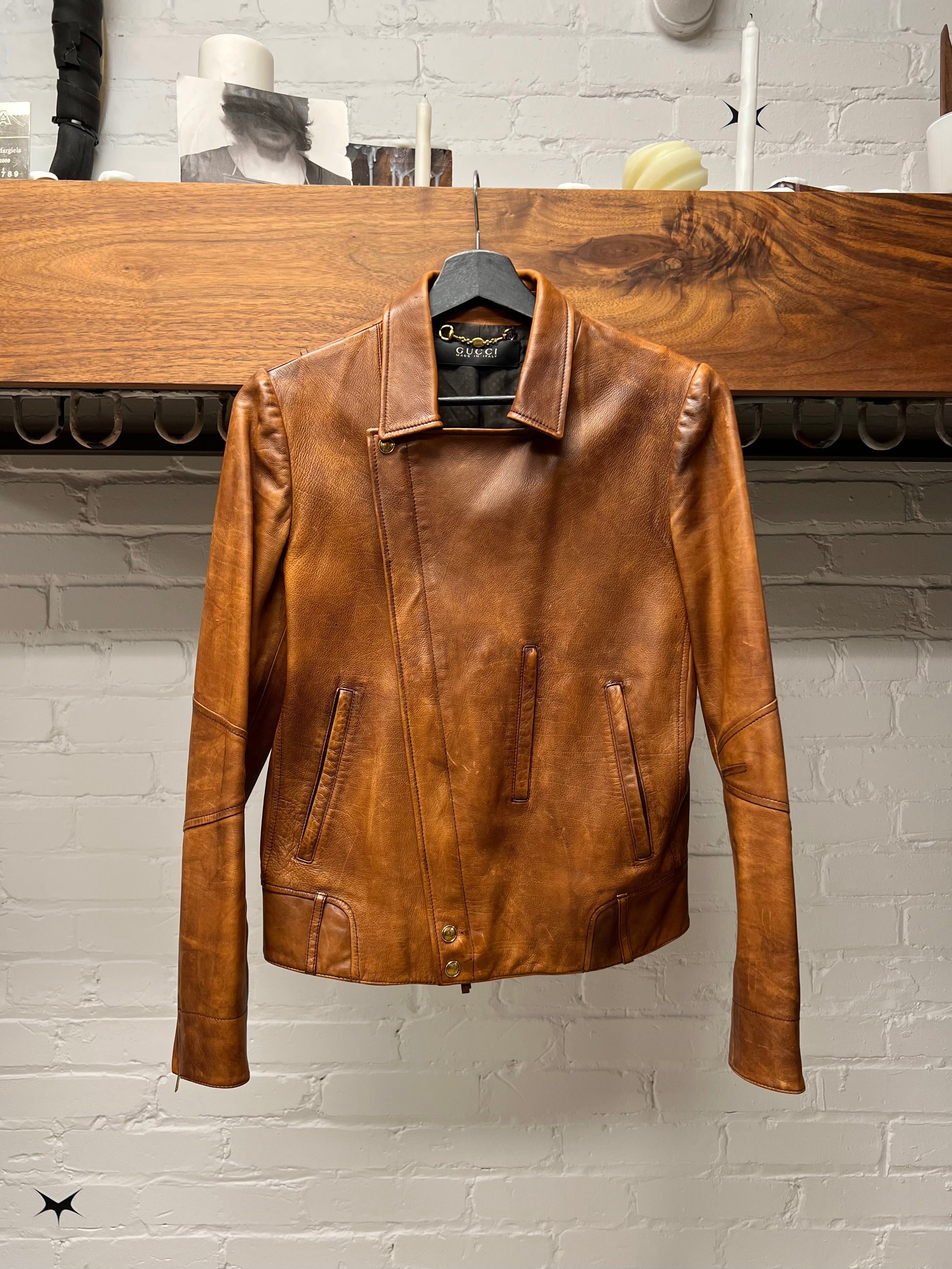 2000s Gucci ‘Natural Patina’ Brown Calf Leather ‘Horsebit’ Biker Jacket