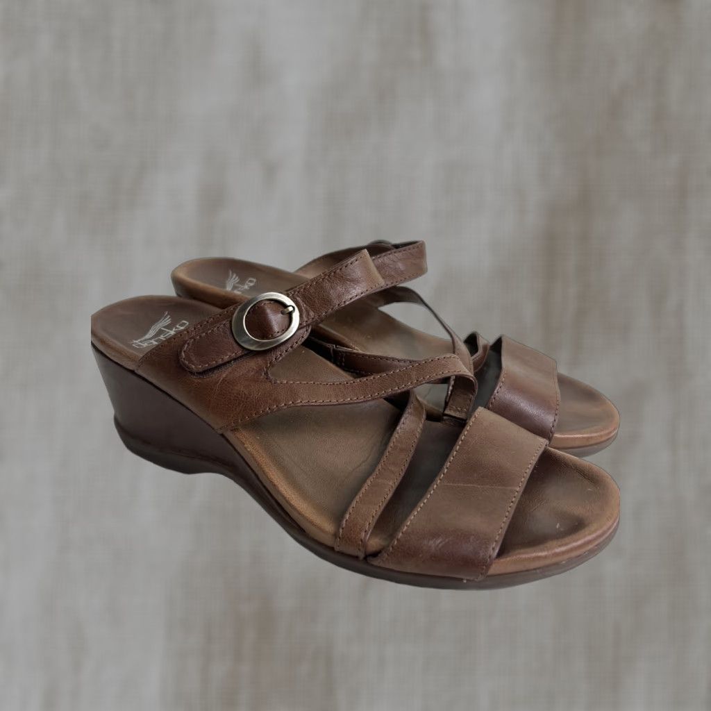 Dansko Dansko Ana Sandals Women Slide Buckle Brown Leather Wedge Heel 40 EU 9.5 US Mens? Womens Size US 10 / IT 40 - 1 Thumbnail