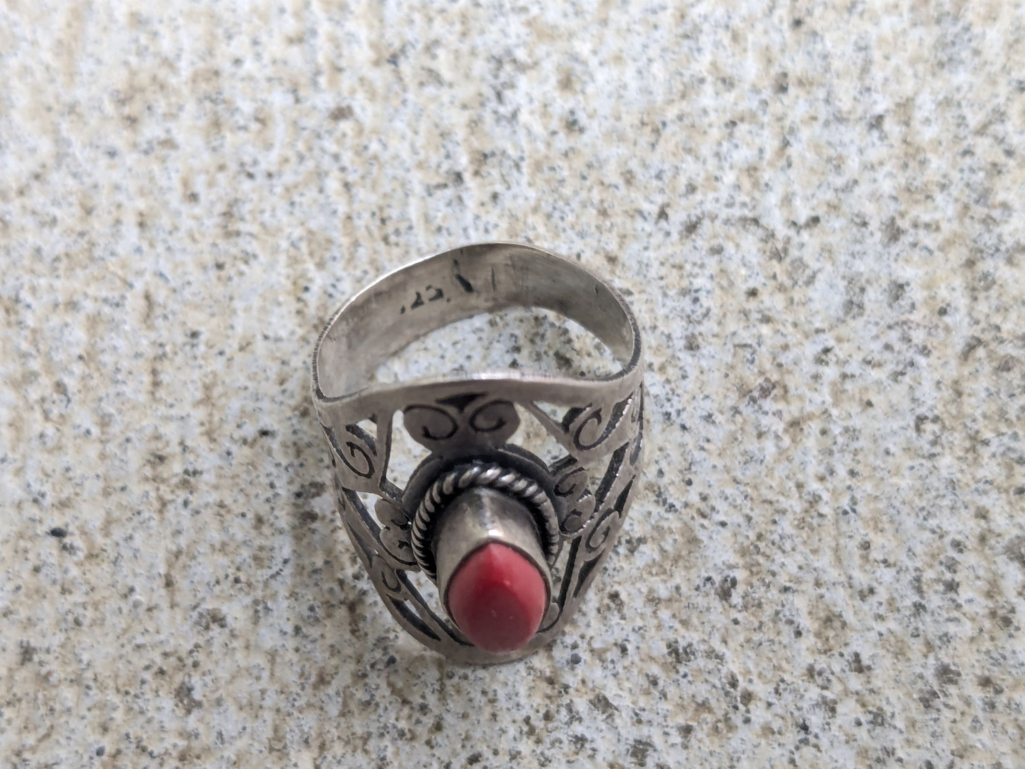 Jewelry × Sterling Silver Vintage Sterling Silver Ring 7.5 Red Coral Marquise Size ONE SIZE - 4 Thumbnail