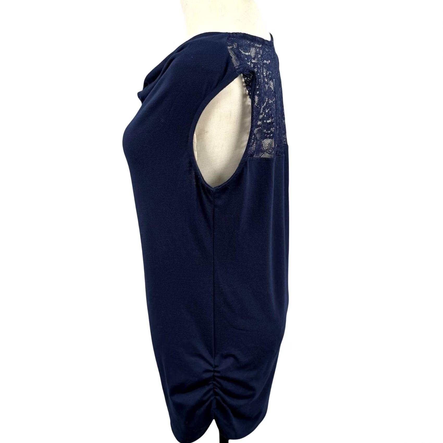 Vintage Meaneor Navy Blue Cowl Neck Lace Back Tank Top - Sleeveless, Polyester Blend, Solid with Lace Contrast, Womens, S Size S / US 4 / IT 40 - 2 Thumbnail