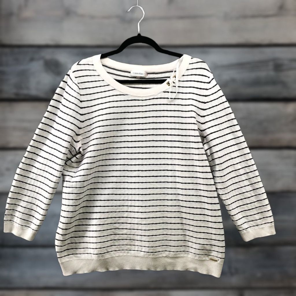Calvin Klein Calvin Klein Crewneck Sweater Womens L White Black Stripe Stretch Lightweight Pullover Knit Casual Winter Fall Crew Neck Regular Fit Size L / US 10 / IT 46 - 1 Thumbnail